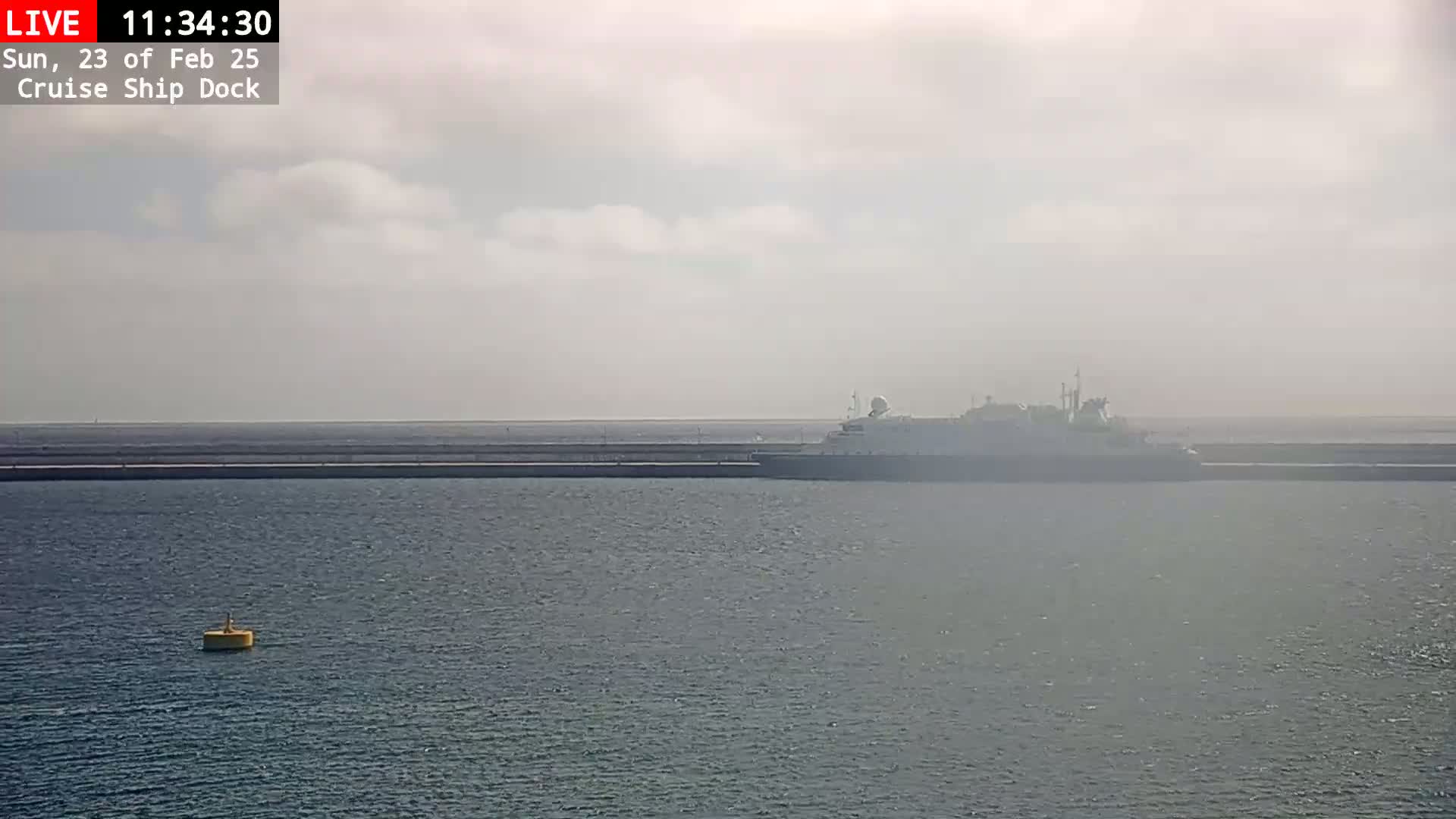 A large cruise ship is docked at a pier on a hazy day.