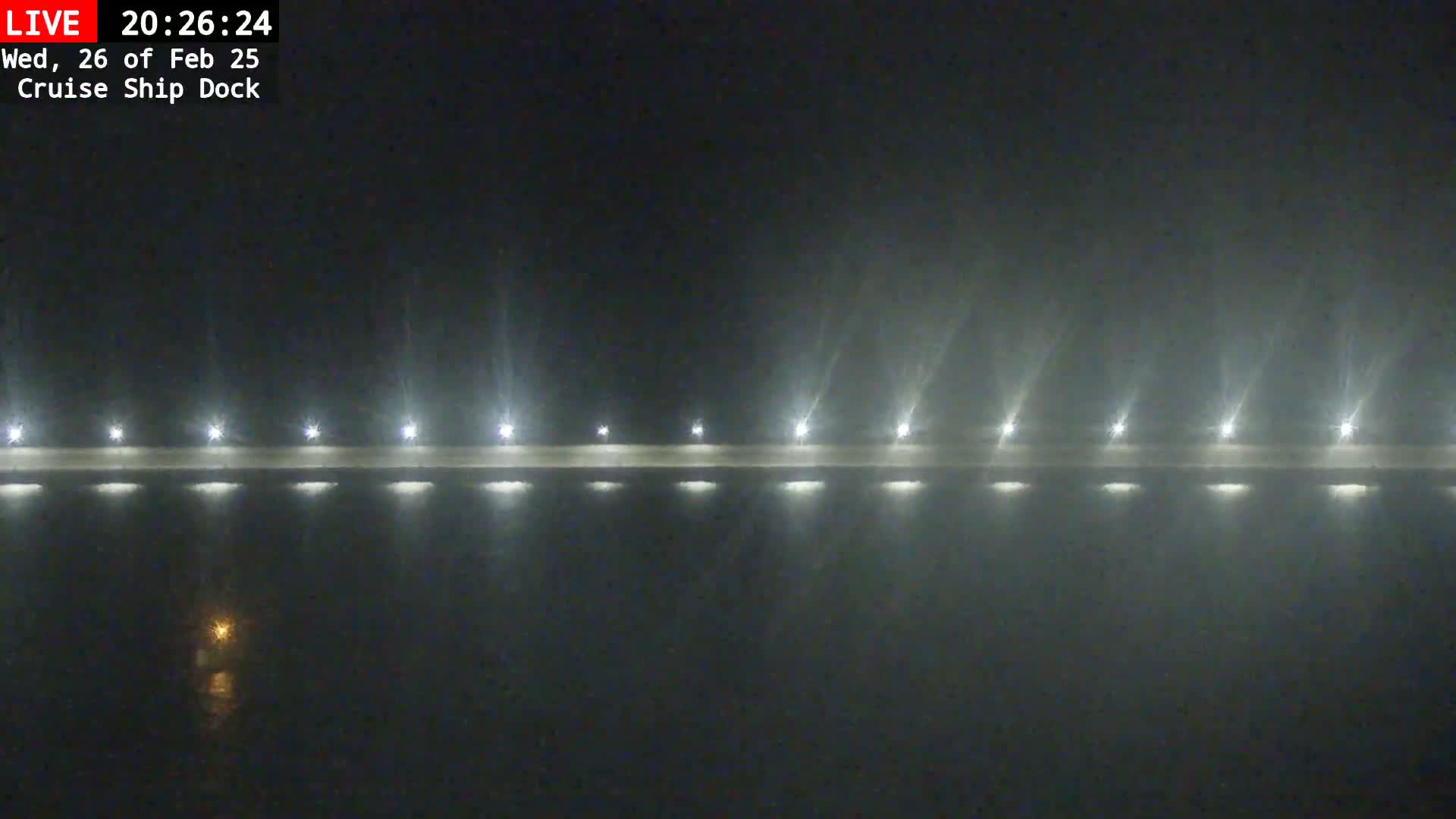 A long, lighted dock is visible at night through a foggy atmosphere over dark water.