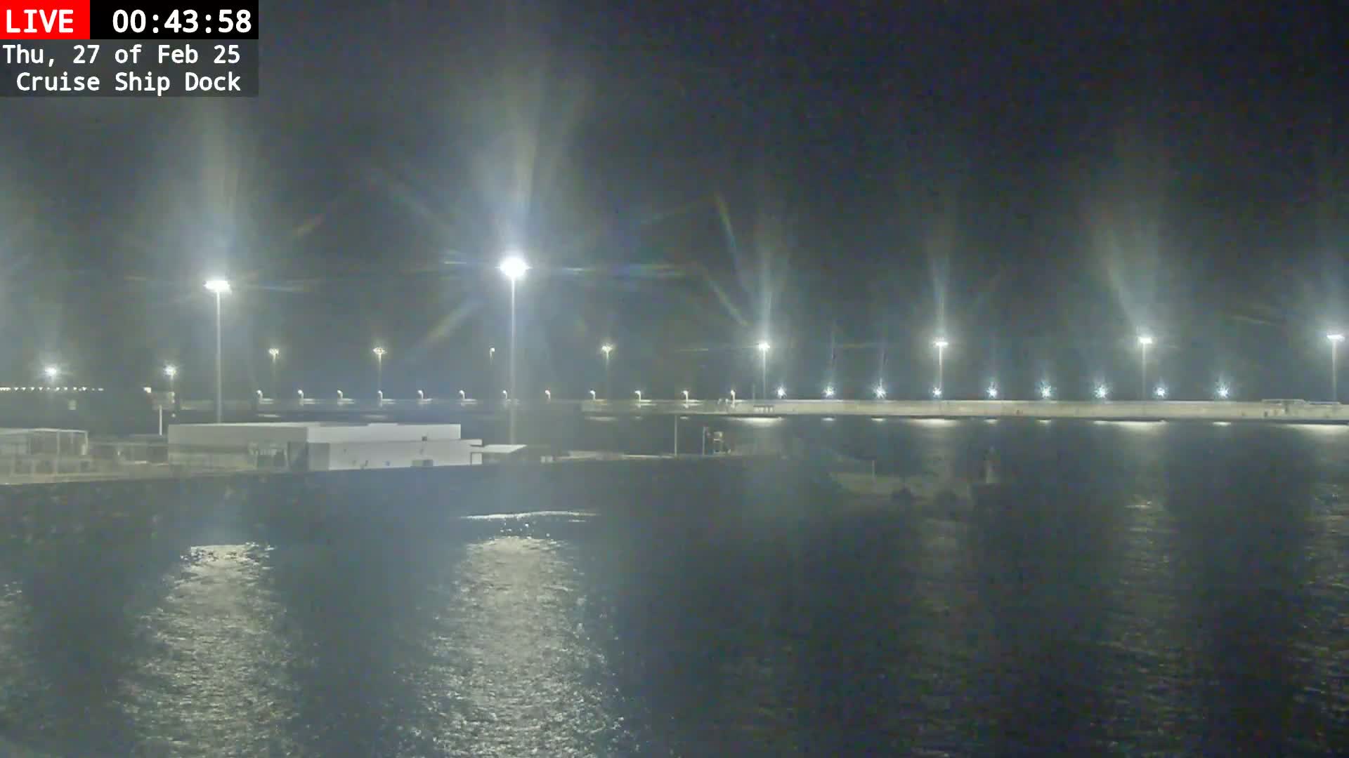 A nighttime view of a cruise ship dock illuminated by bright lights, with calm water reflecting the lights.