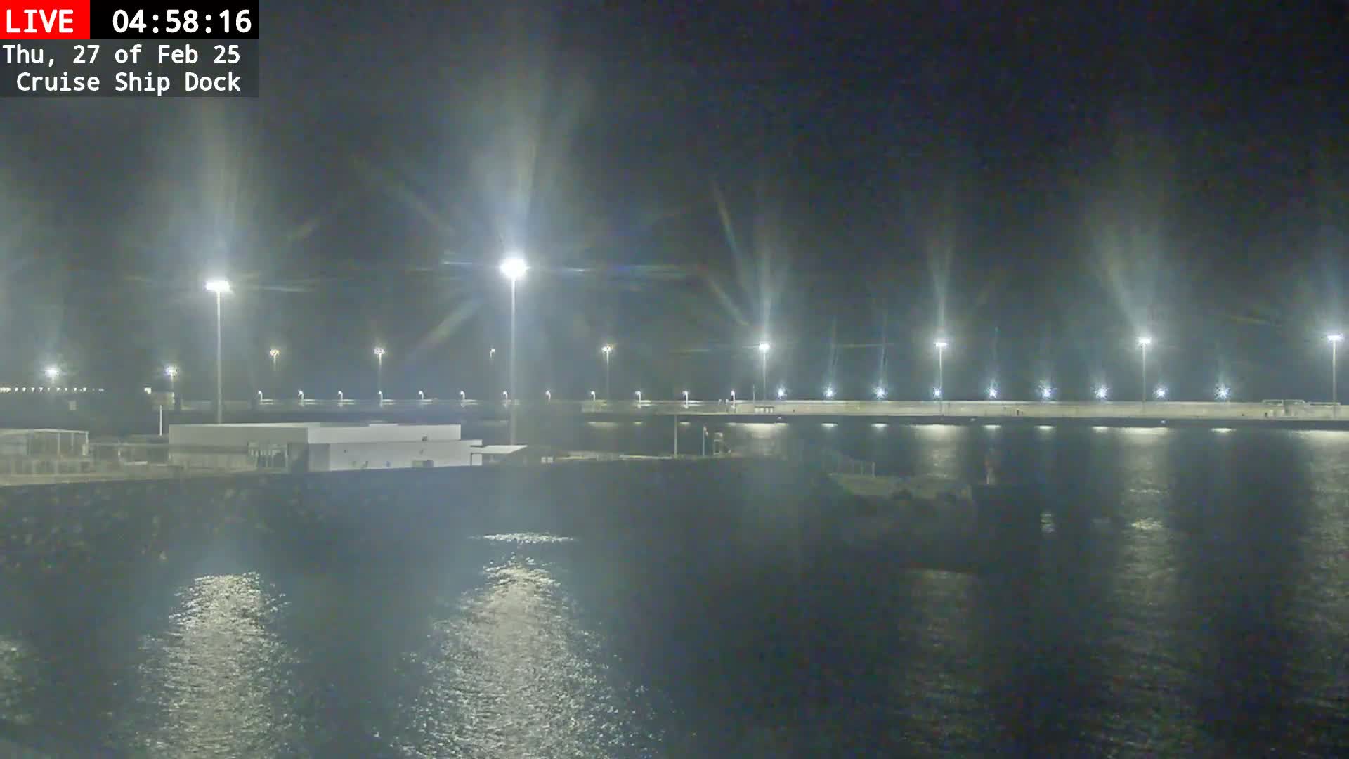 A brightly lit cruise ship dock at night, with calm water reflecting the lights.