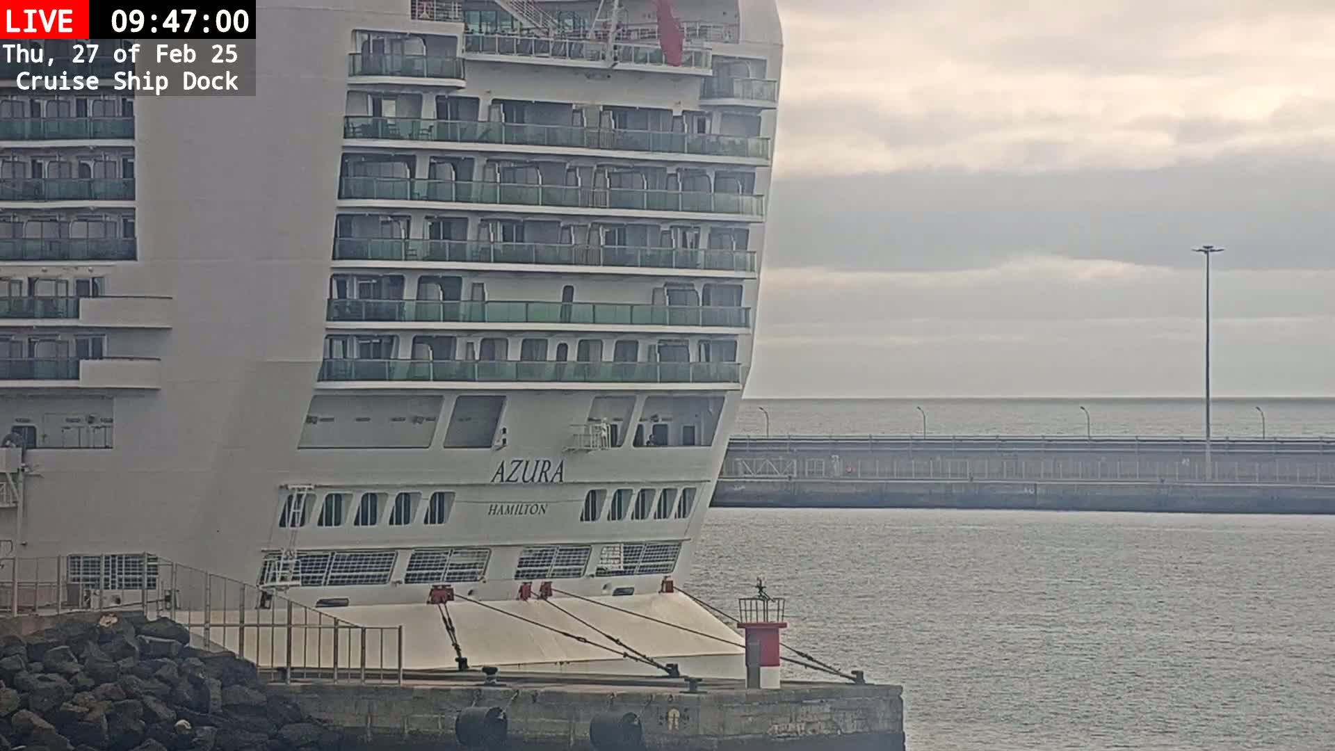 A large cruise ship is docked at a pier on an overcast day.