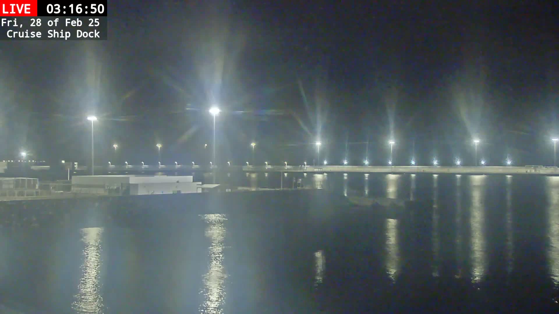 A nighttime view of a cruise ship dock illuminated by bright lights reflecting on calm water.