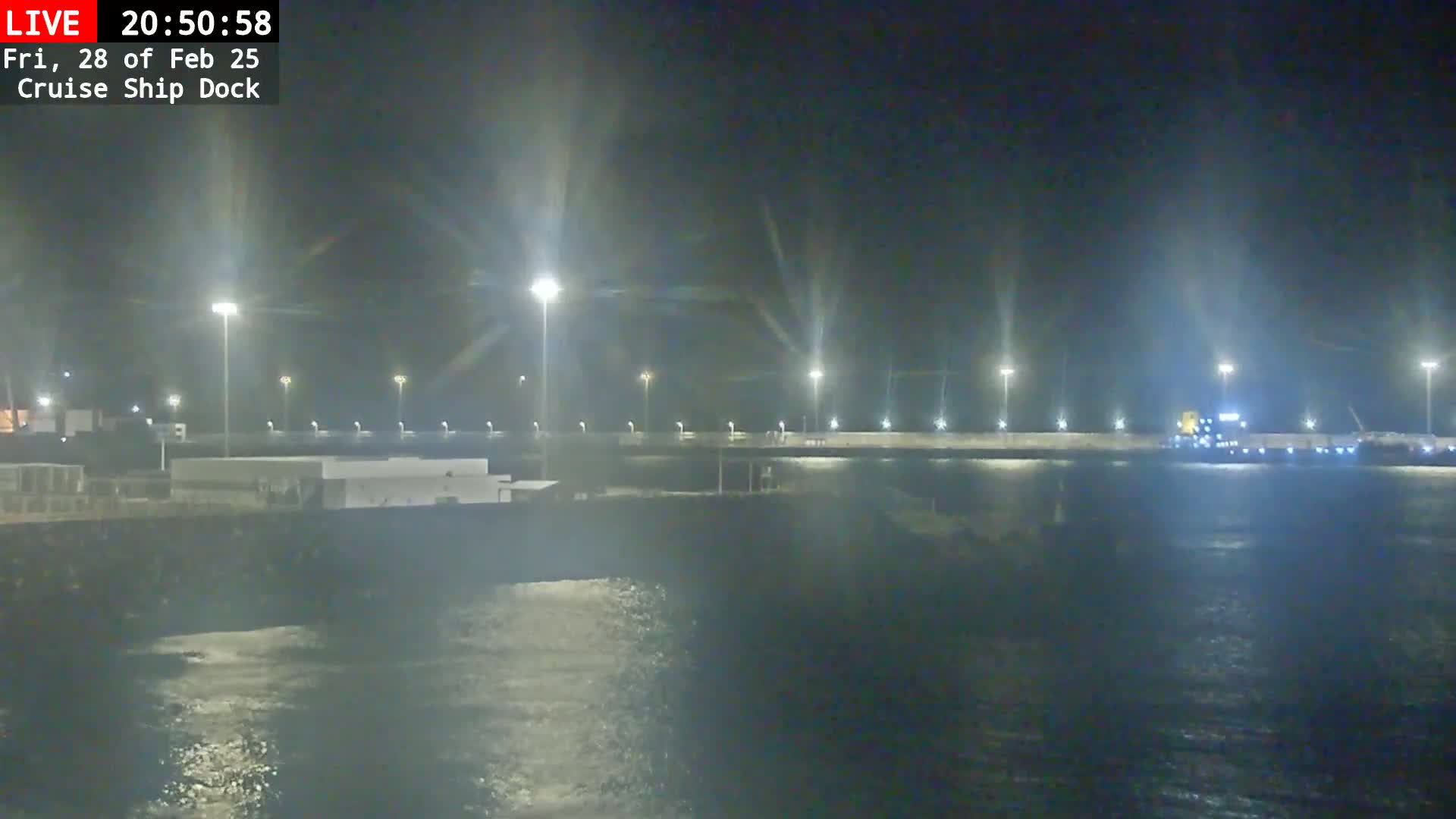 A nighttime view of a cruise ship dock illuminated by bright lights, with slightly choppy water visible in the foreground.