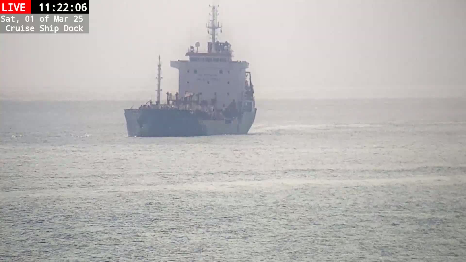 A large cargo ship is seen sailing on a hazy, calm sea.