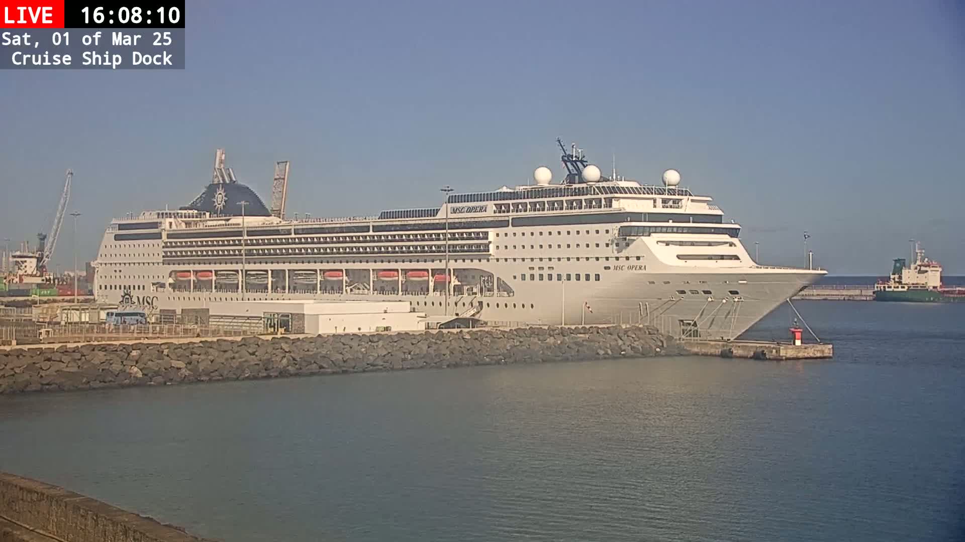 A large cruise ship is docked at a port on a clear, sunny day.