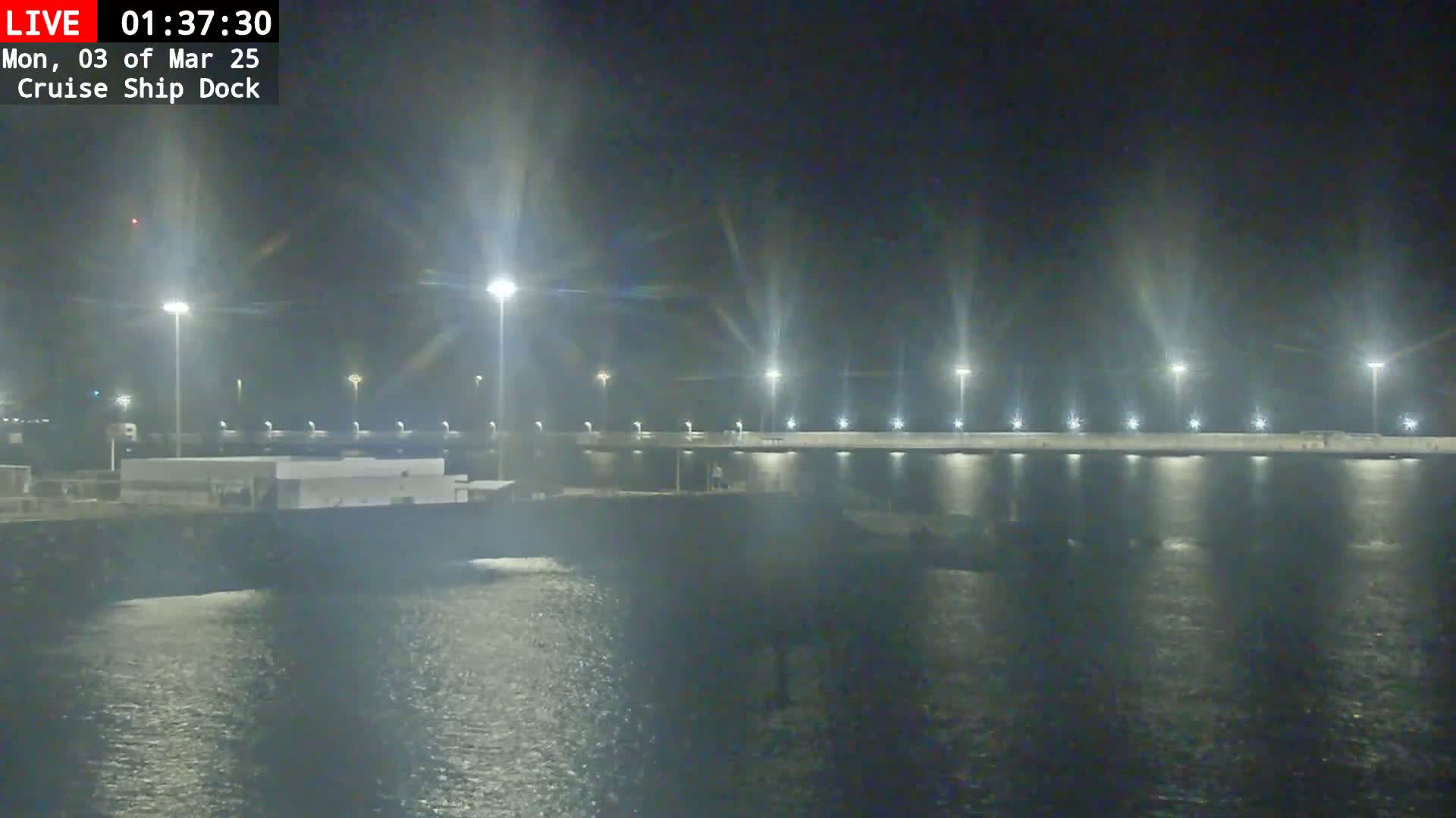 A nighttime view of a cruise ship dock illuminated by bright lights, with calm water reflecting the lights.