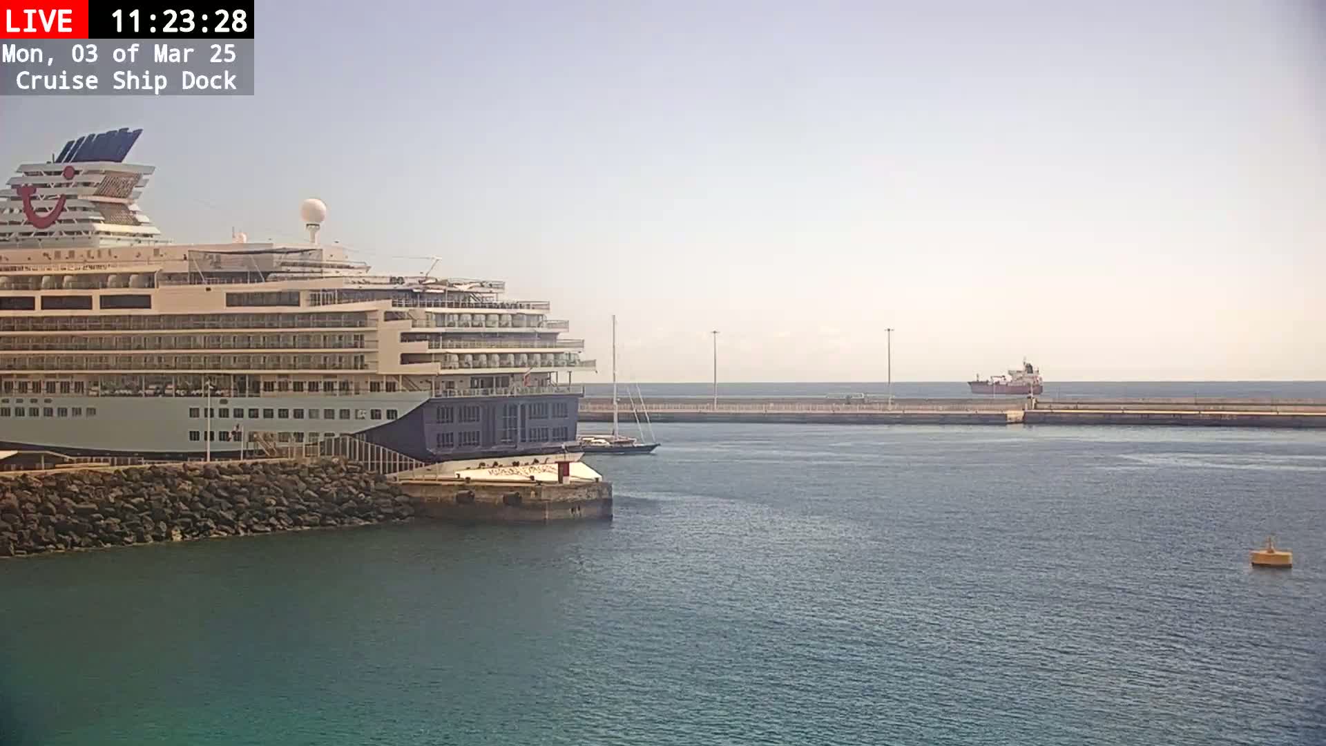 A large cruise ship is docked at a harbor on a hazy day, with another smaller vessel visible in the distance.
