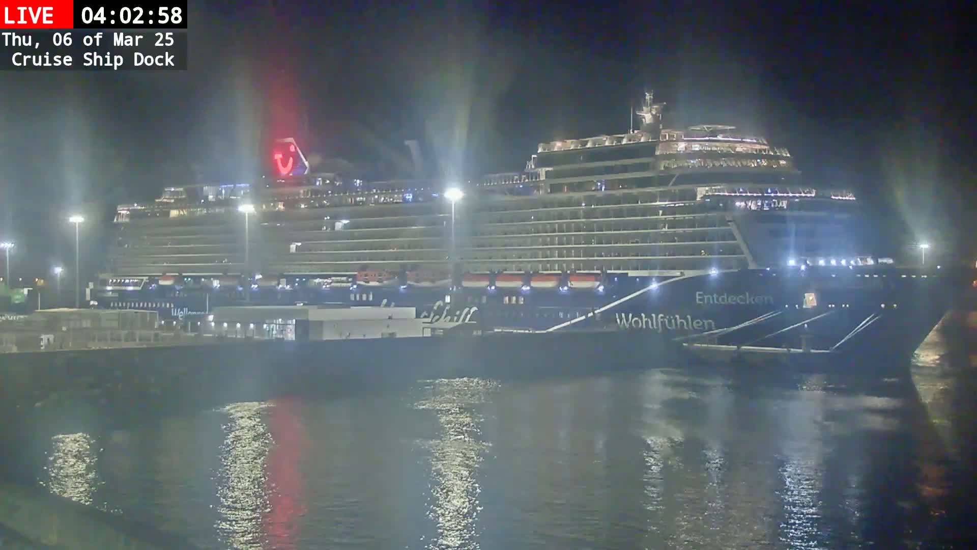 A large cruise ship is docked at night in calm water.