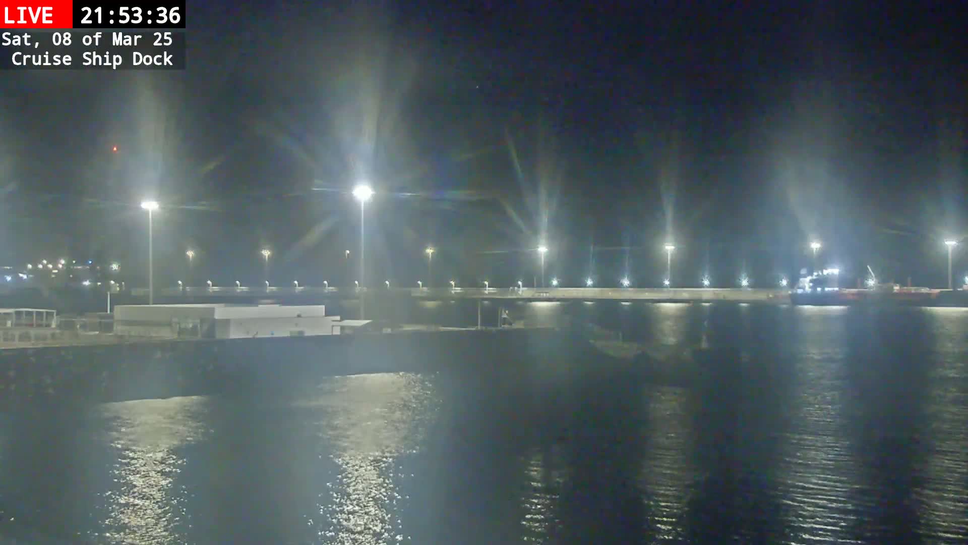 A nighttime view of a cruise ship dock with a vessel moored alongside, under calm, dark conditions.