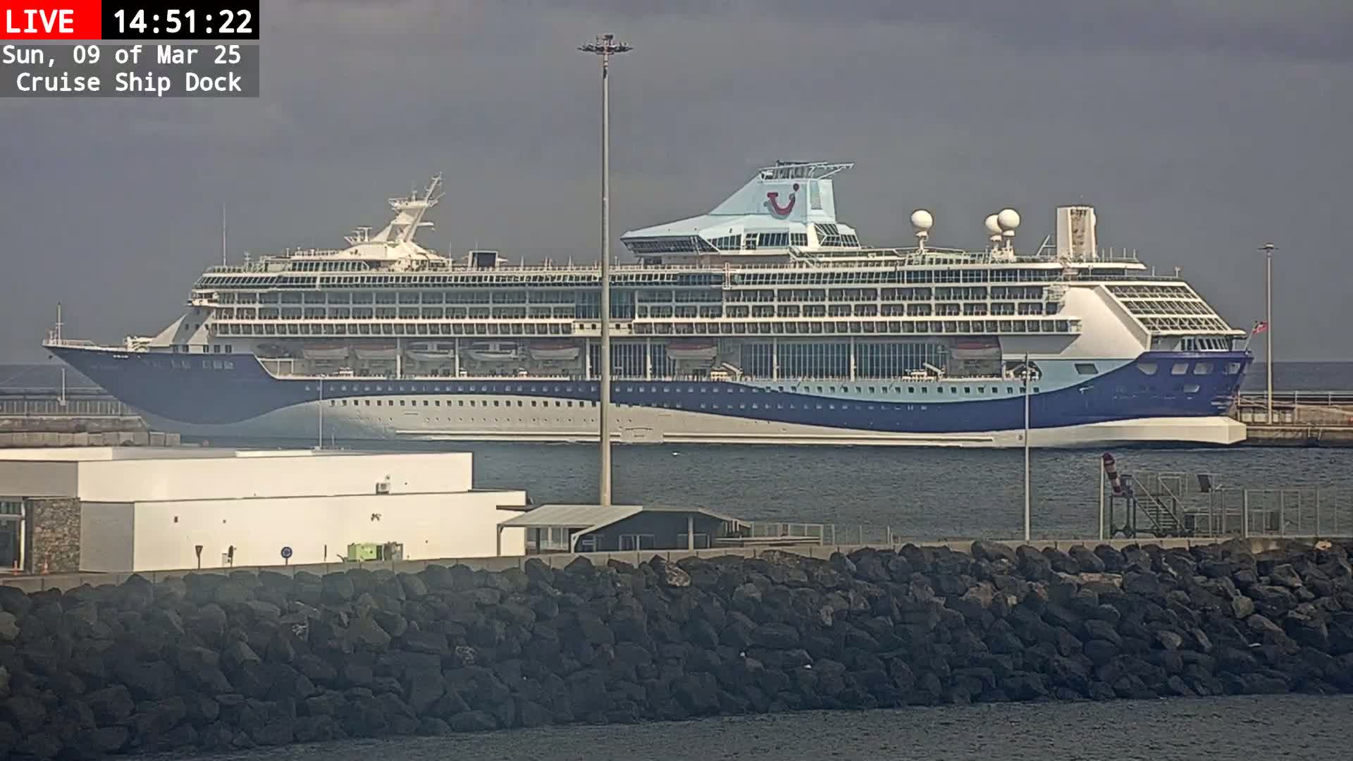 A large cruise ship is docked at a harbor on an overcast day.
