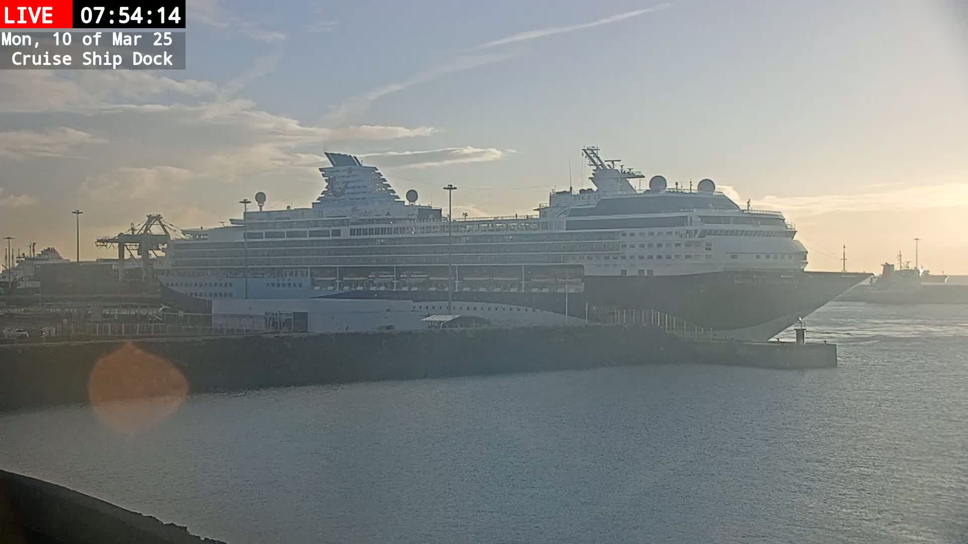 A large cruise ship is docked at a pier under a partly cloudy sky.