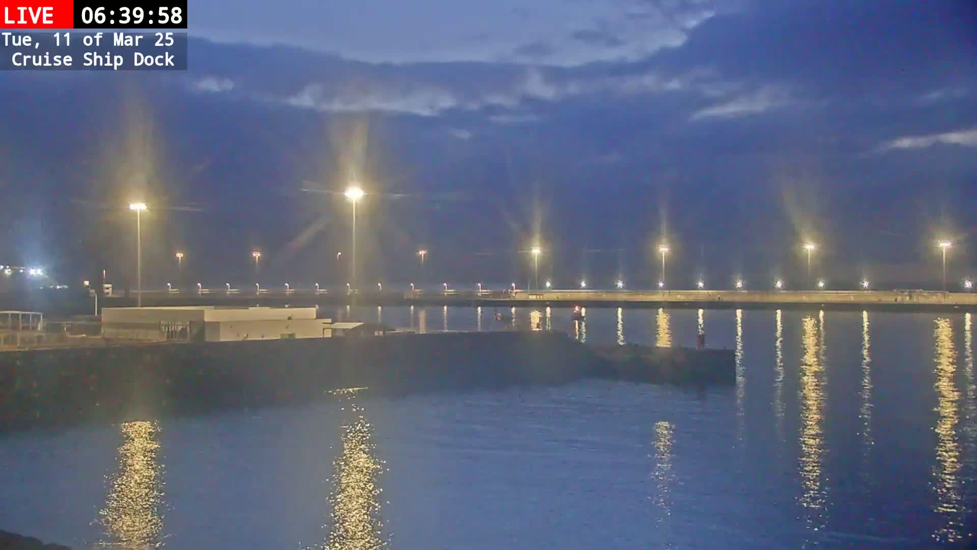 A cruise ship dock at night is illuminated by many lights, reflecting on the calm water under a twilight sky.