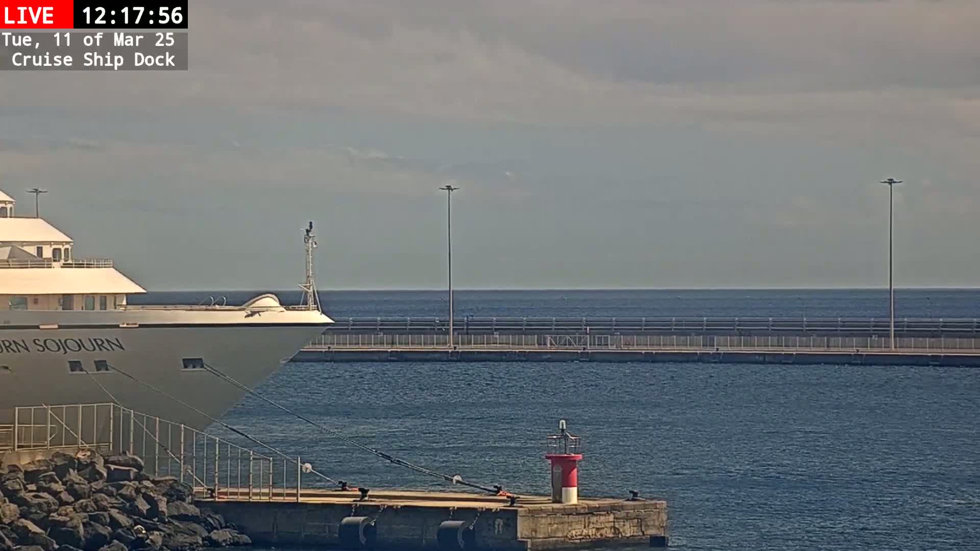 A large cruise ship is docked at a pier on a calm, overcast day.