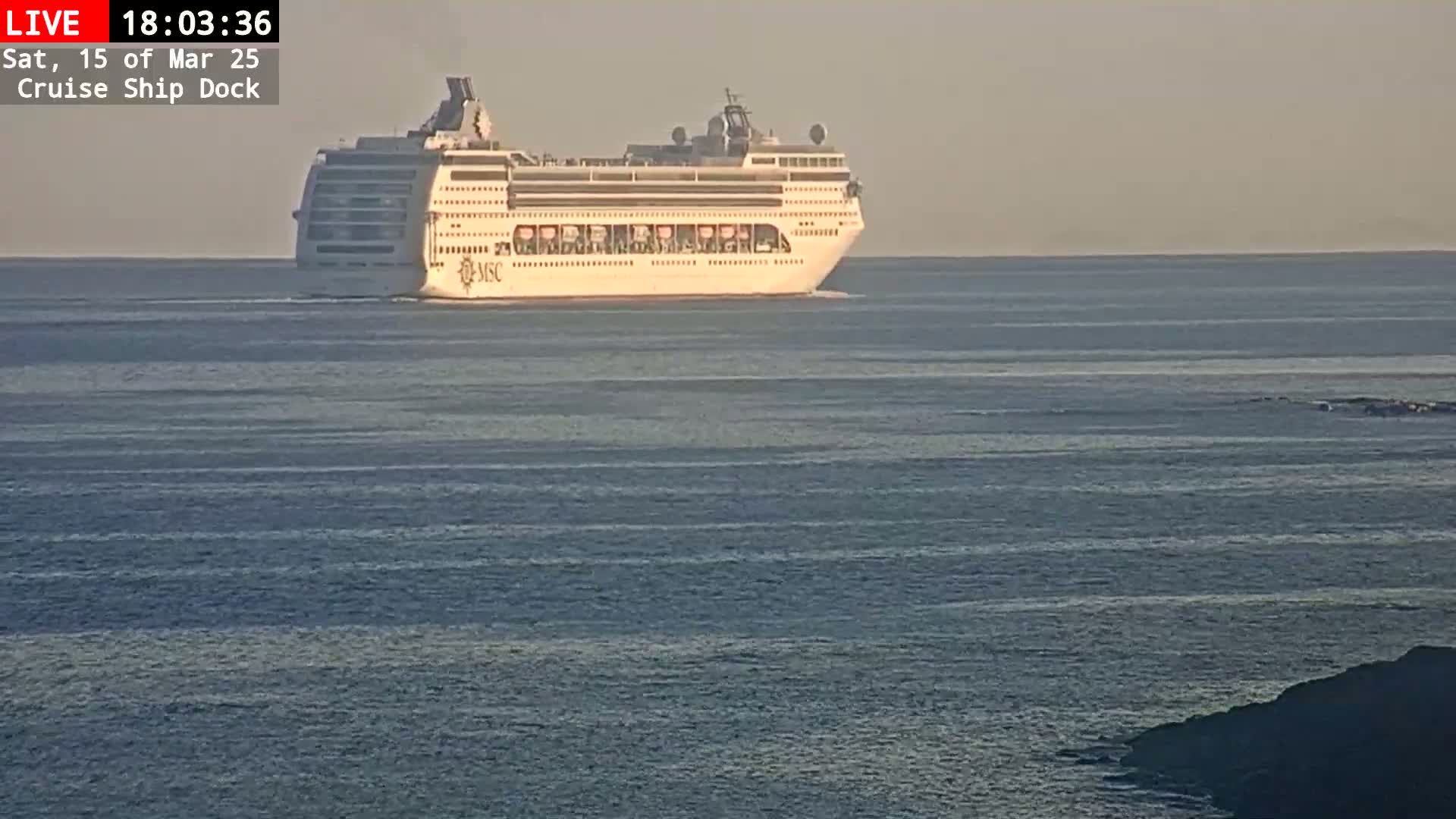 A large cruise ship is sailing on a calm, relatively still body of water under a hazy sky.