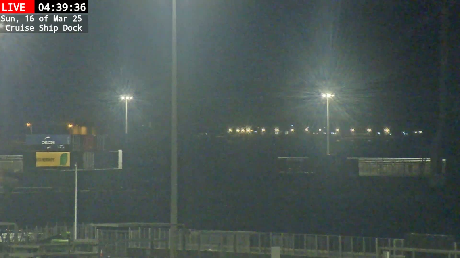 A nighttime view of a cruise ship dock, illuminated by bright lights in hazy or foggy conditions.