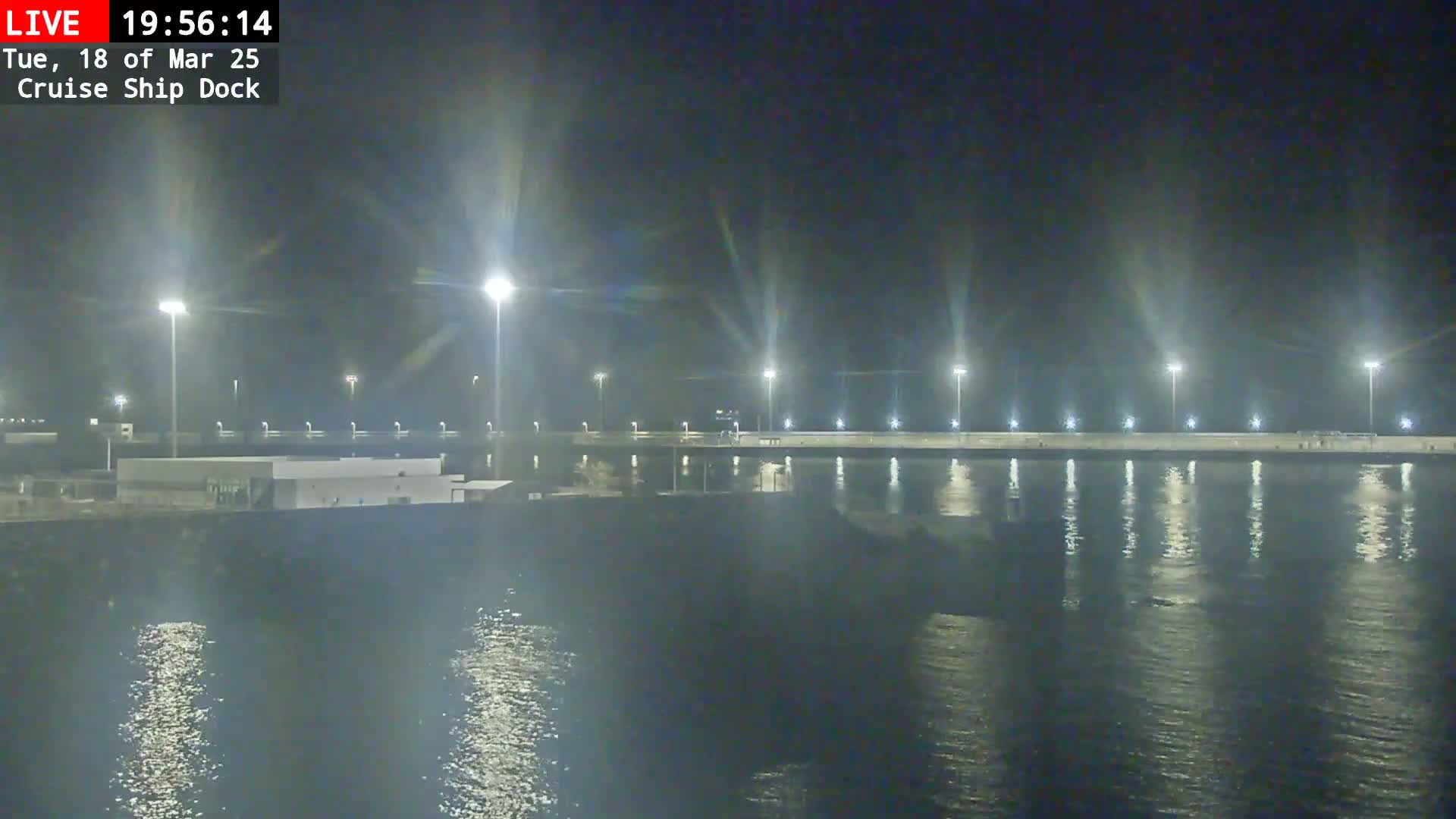 A nighttime view of a cruise ship dock illuminated by many lights, reflecting on calm water.