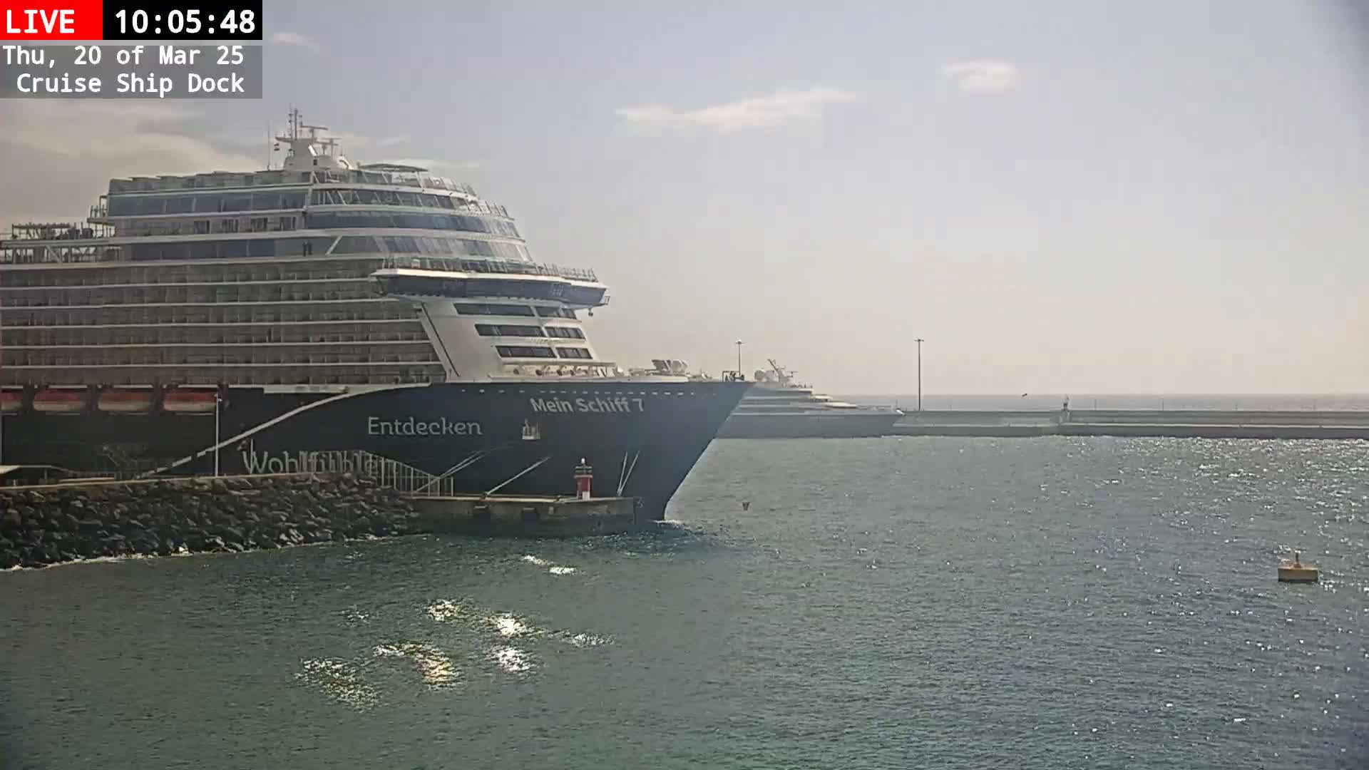 Two cruise ships are docked at a harbor on a sunny day with calm water.