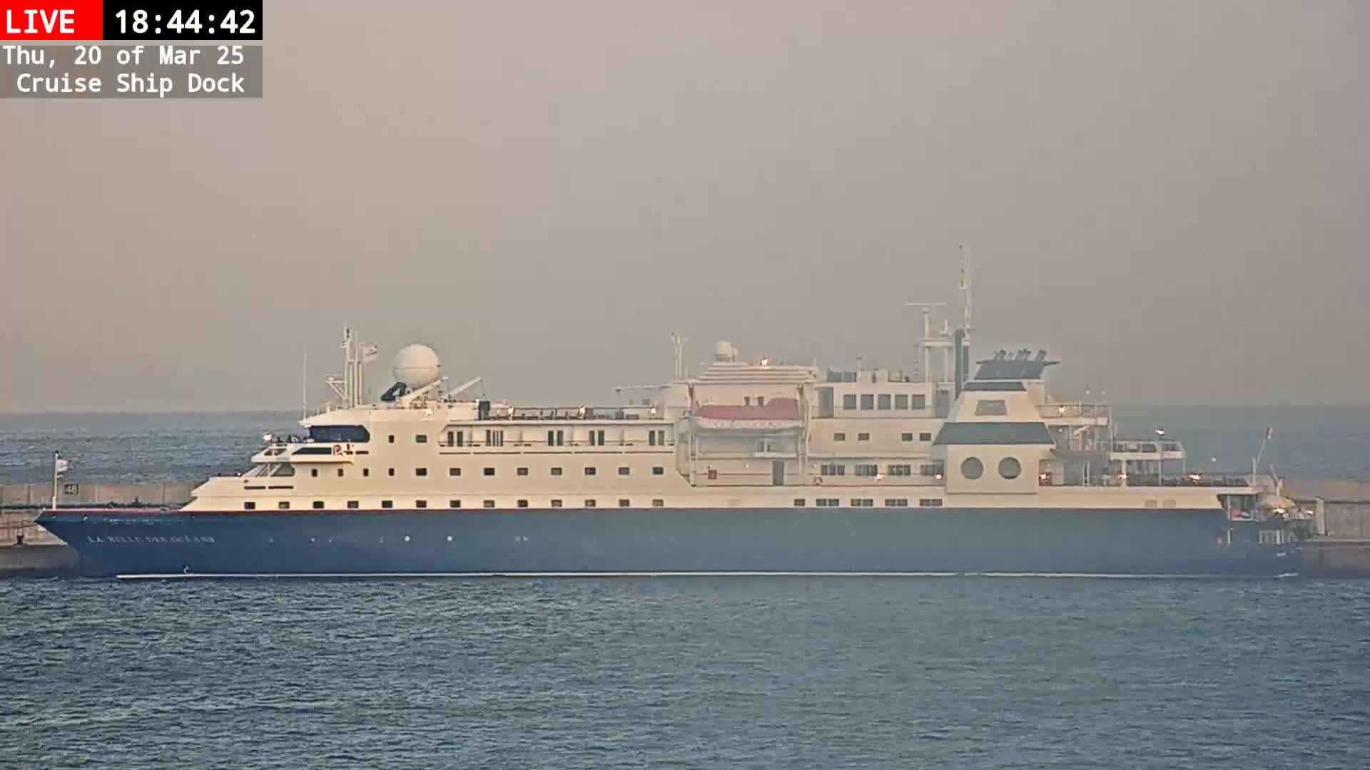A large cruise ship is docked at a pier on a hazy day.