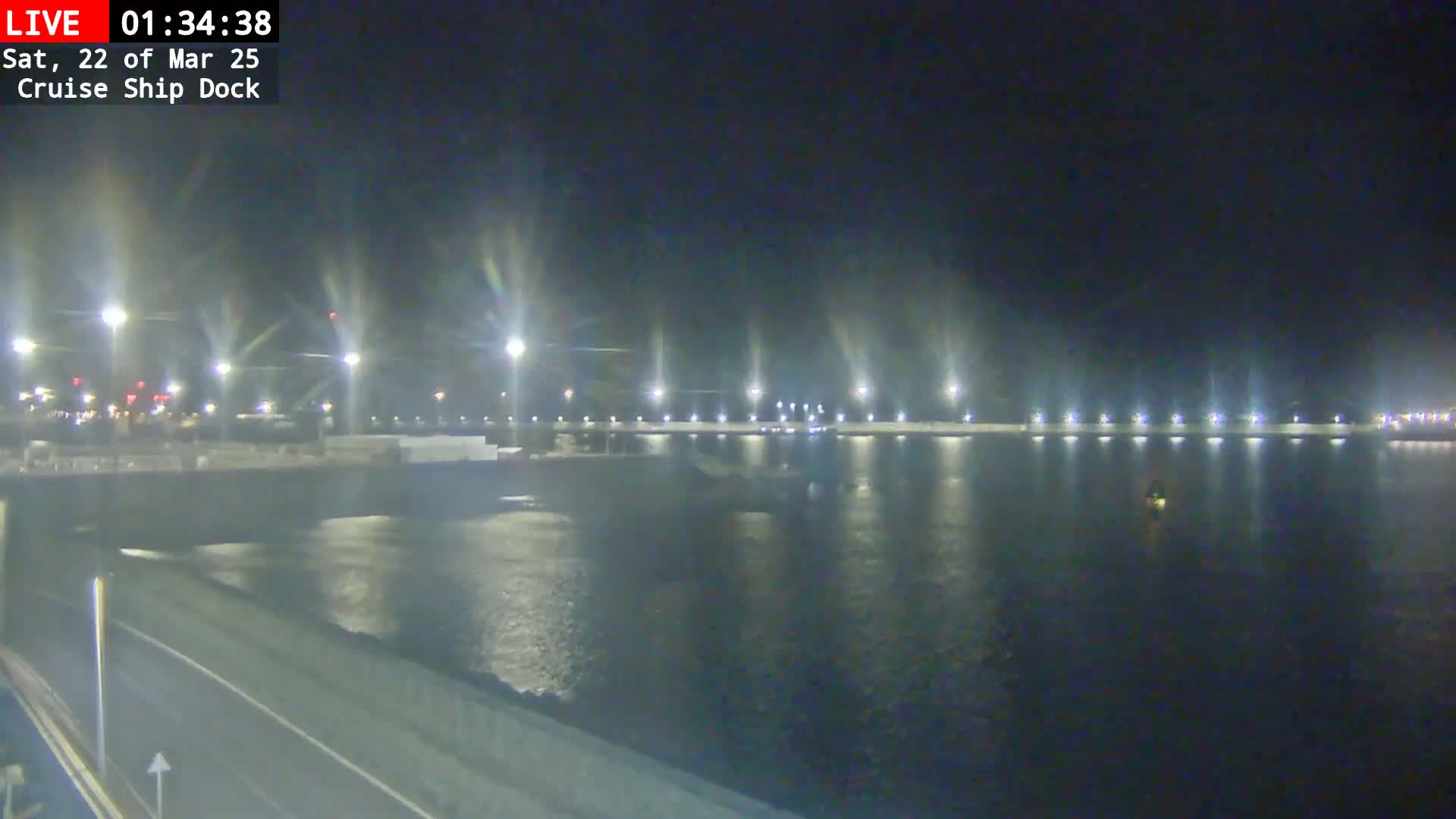 A nighttime view of a brightly lit cruise ship dock and calm water.