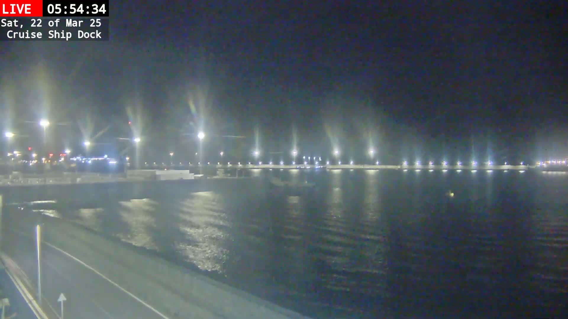 A nighttime view of a cruise ship dock illuminated by bright lights, with calm water reflecting the lights.