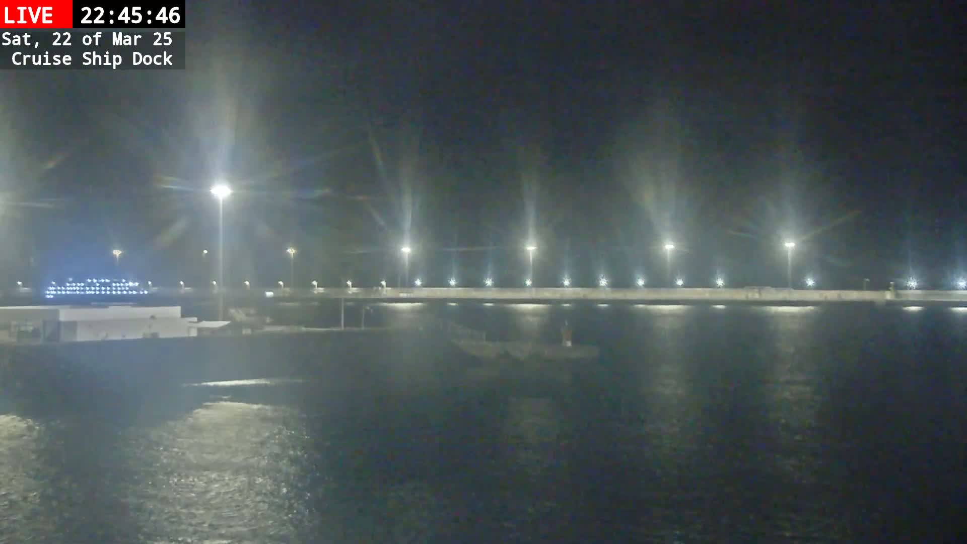 A cruise ship is docked at a nighttime pier illuminated by lights, with slightly choppy water visible.