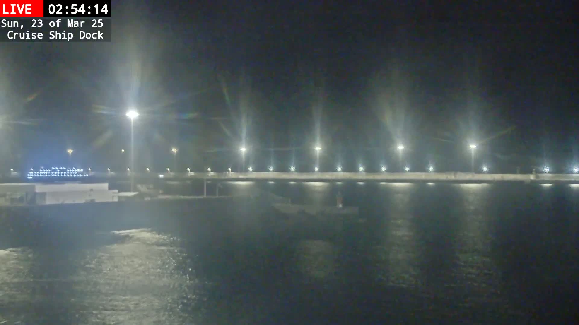 A cruise ship is docked at night, next to a lit-up pier, in slightly choppy water.