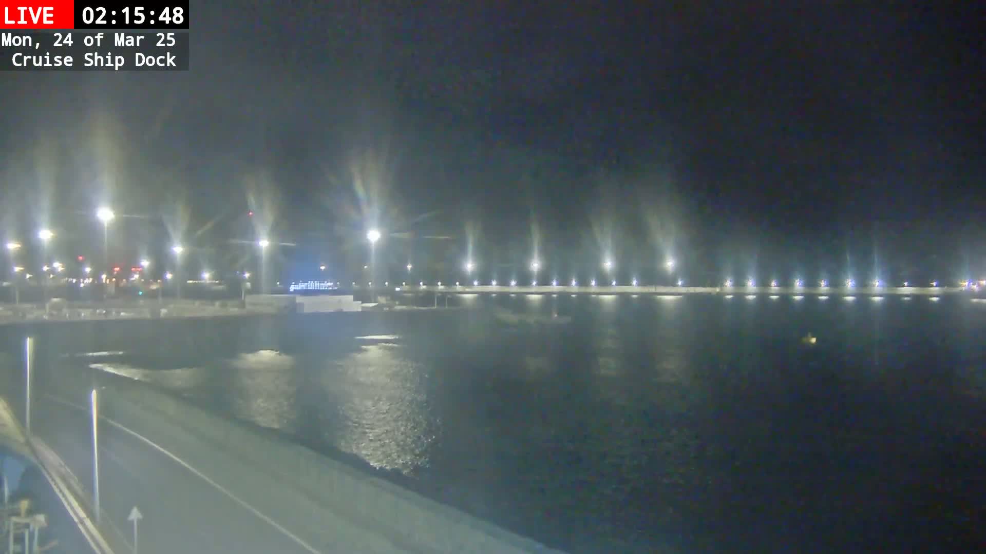 A nighttime view of a calm body of water next to a brightly lit cruise ship dock.