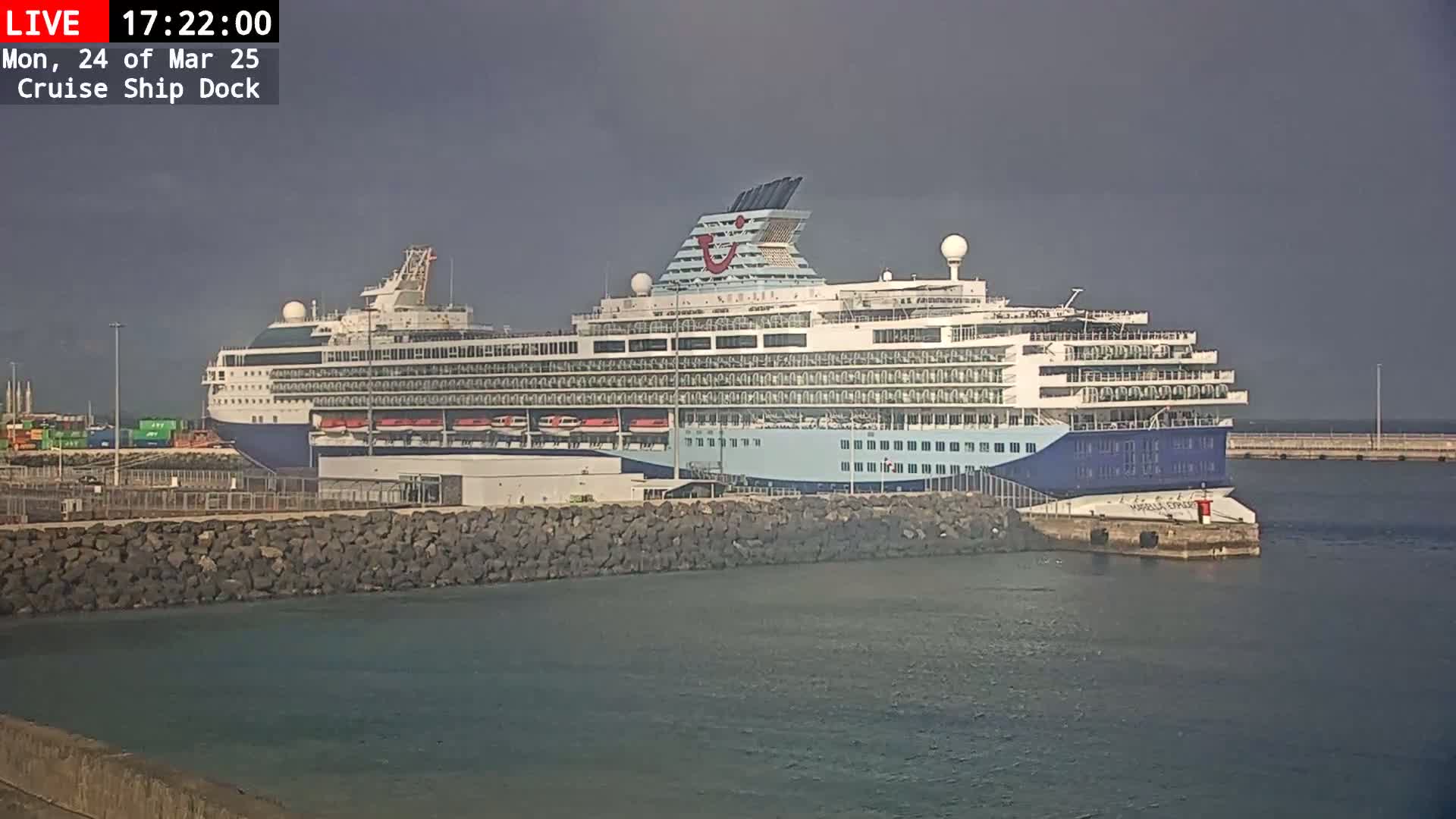 A large cruise ship is docked at a port under an overcast sky.