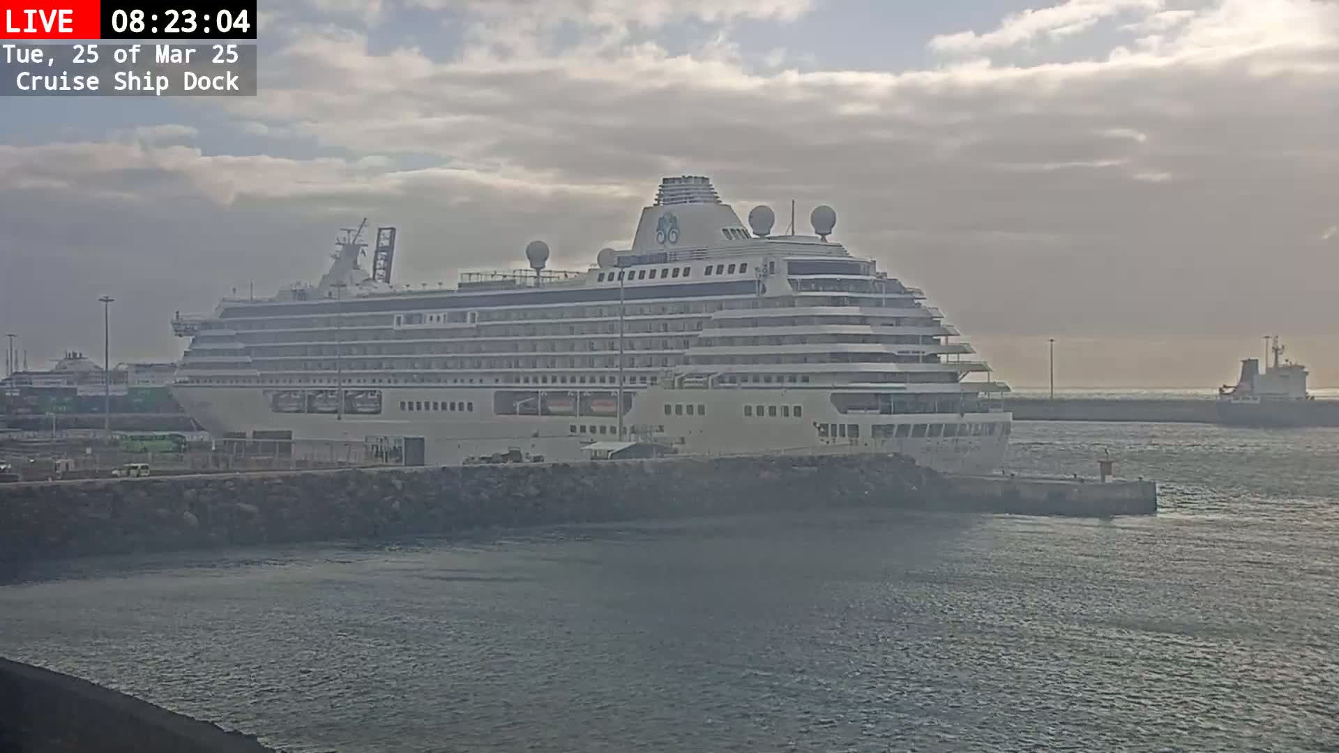 A large cruise ship is docked at a port under a cloudy sky.