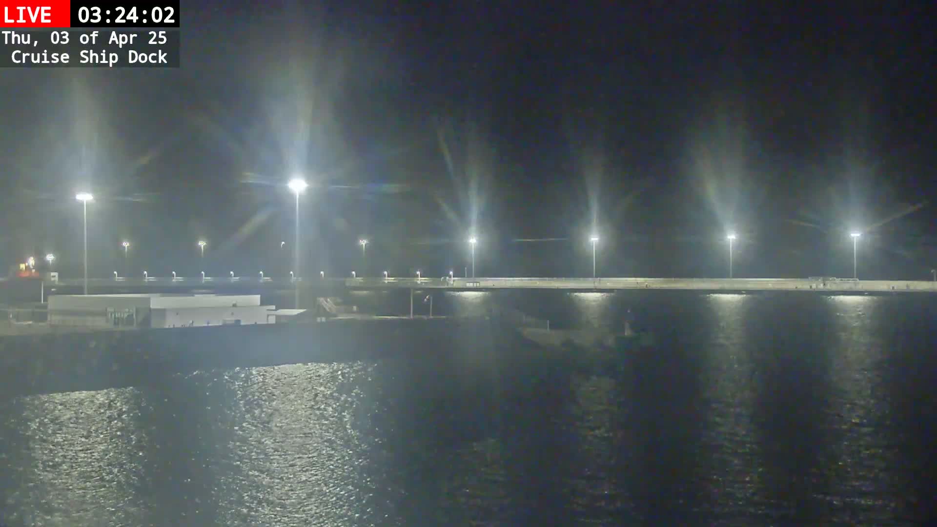 A nighttime view of a brightly lit cruise ship dock extending over dark water.