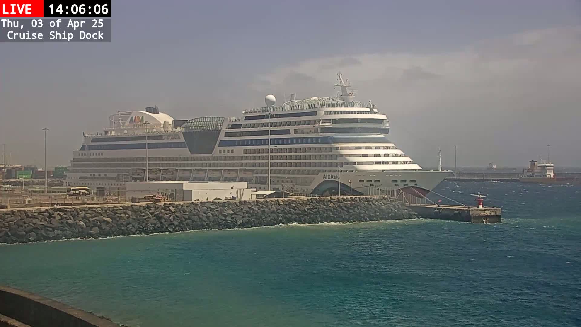 A large cruise ship is docked at a pier on a hazy day, with another smaller ship visible in the distance.