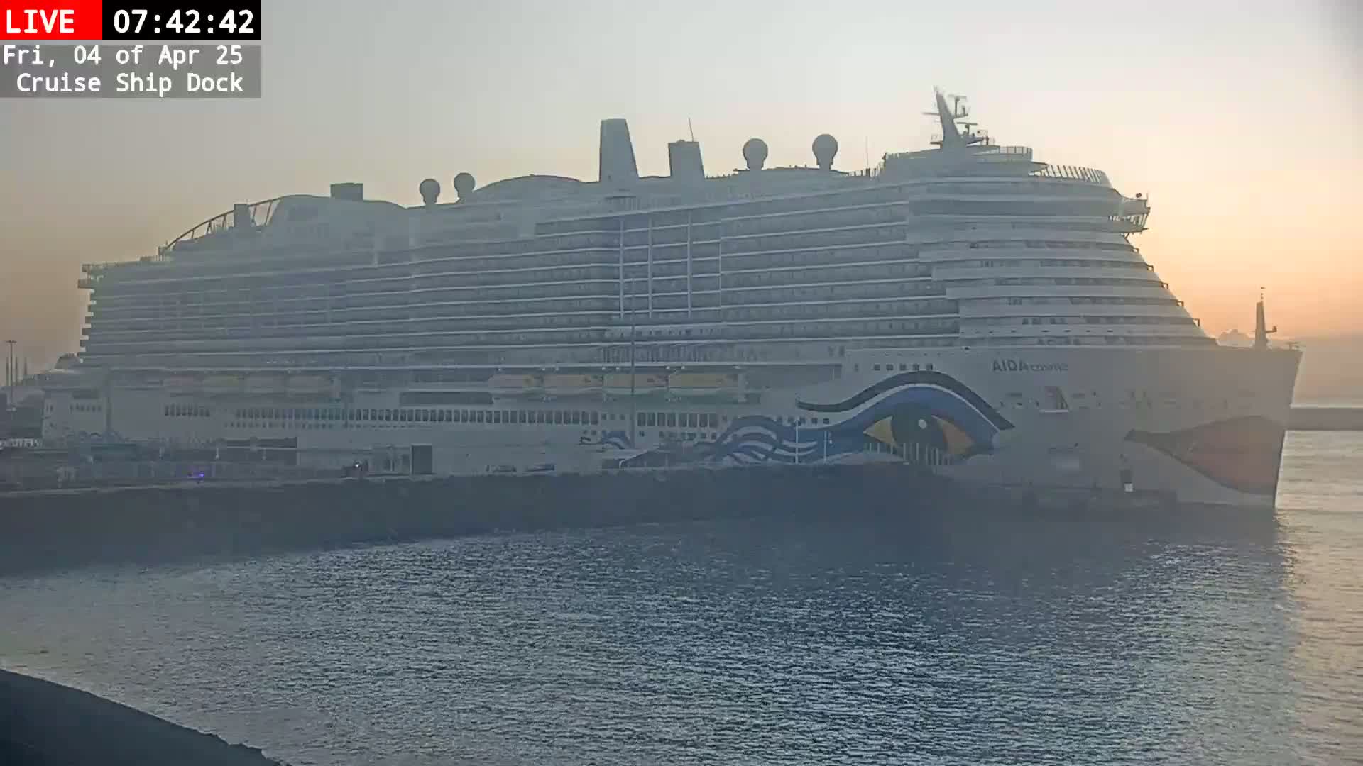A large cruise ship is docked at a pier in hazy morning light.