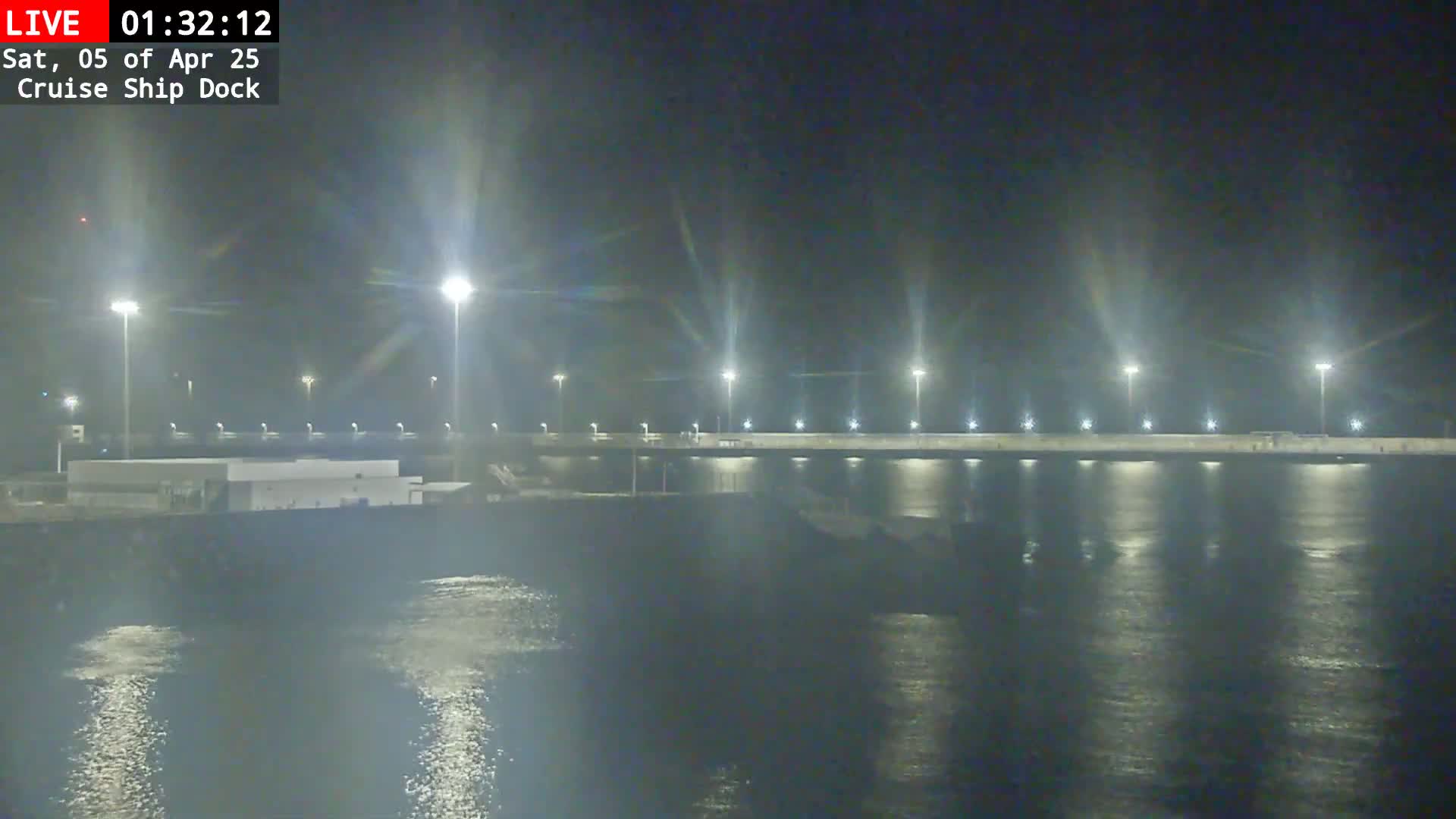 A nighttime view of a cruise ship dock illuminated by many bright lights, reflecting on calm water.