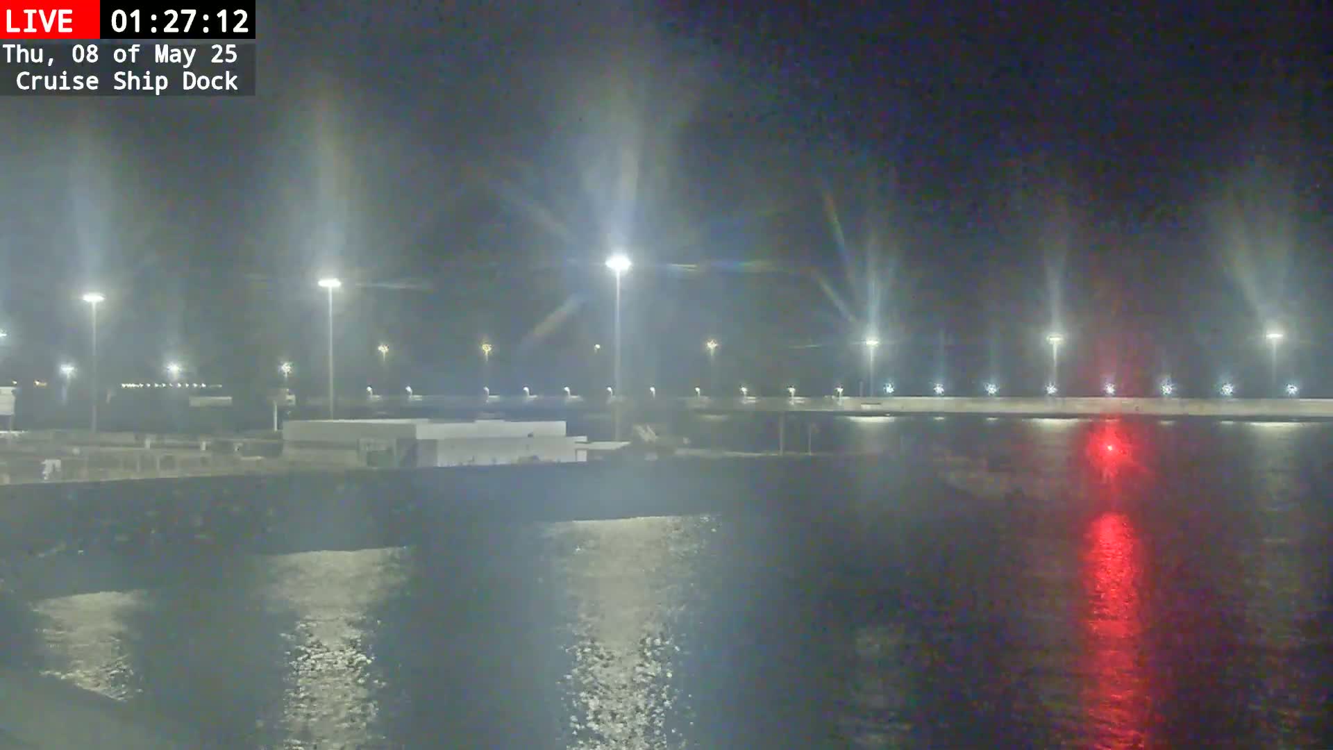 A nighttime view of a cruise ship dock illuminated by many lights, with calm water reflecting the lights and a red light visible in the distance.