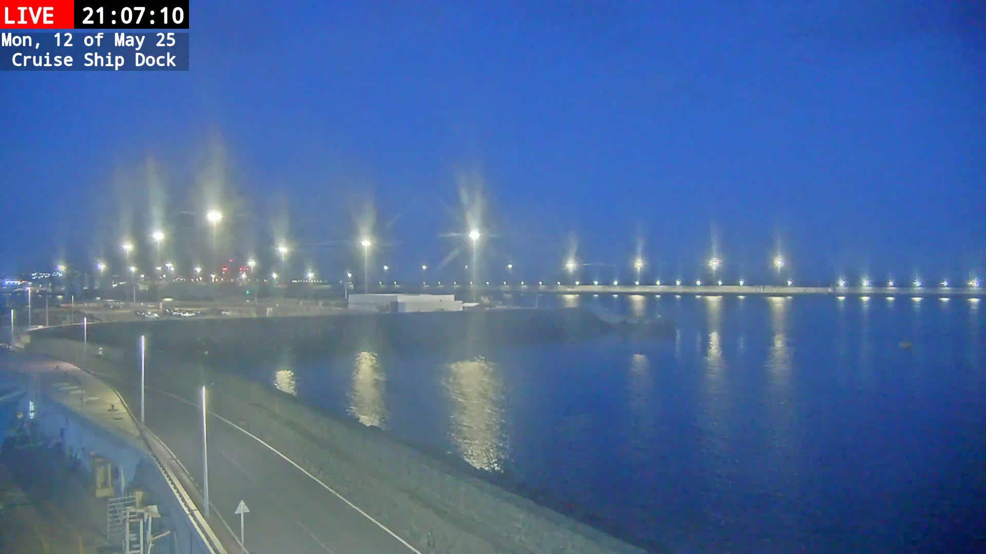A nighttime view of a cruise ship dock, showing a calm body of water reflecting the lights of the dock and surrounding area under a twilight sky.