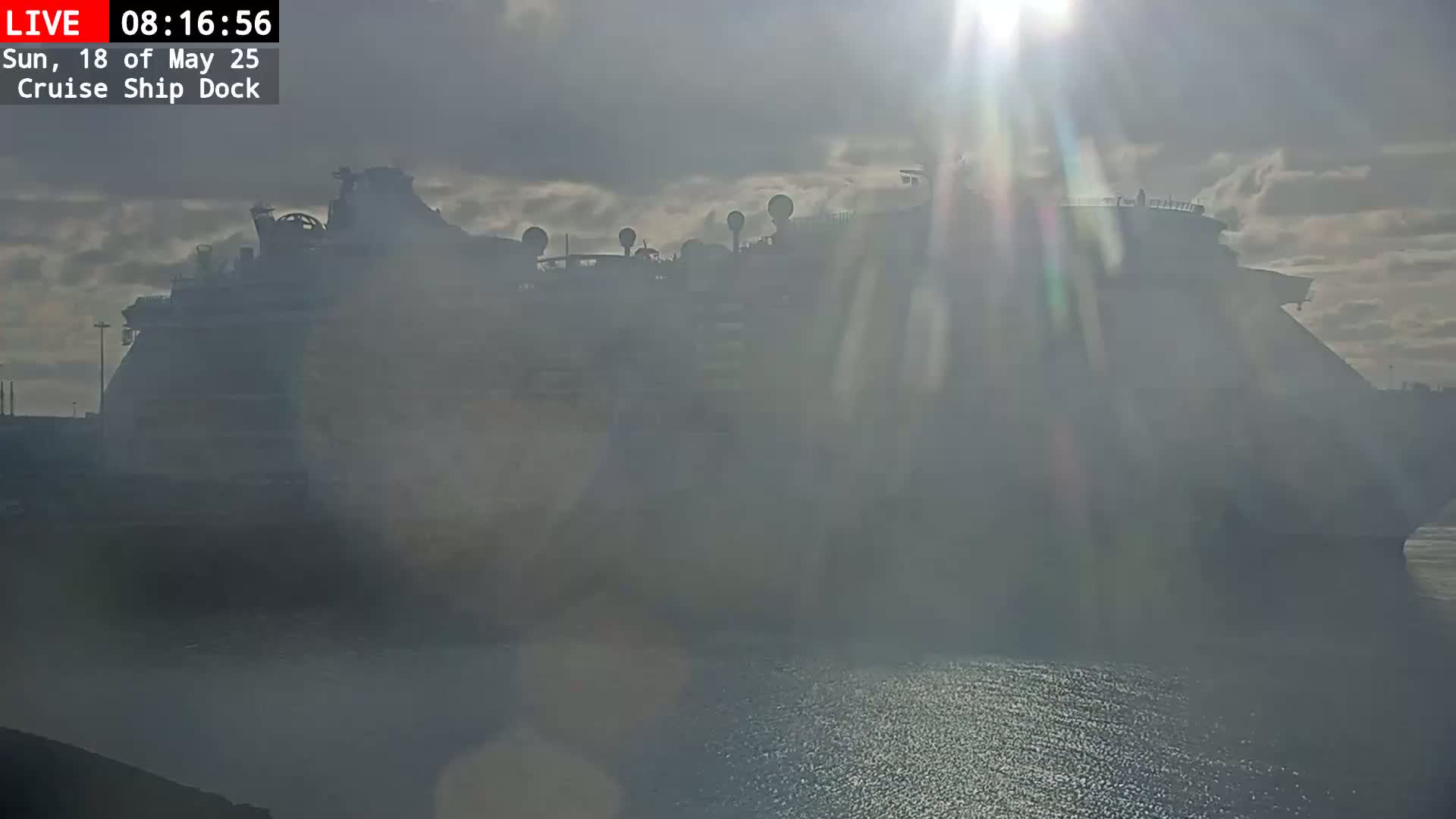 A large cruise ship is docked at a port on a hazy, sunny day.