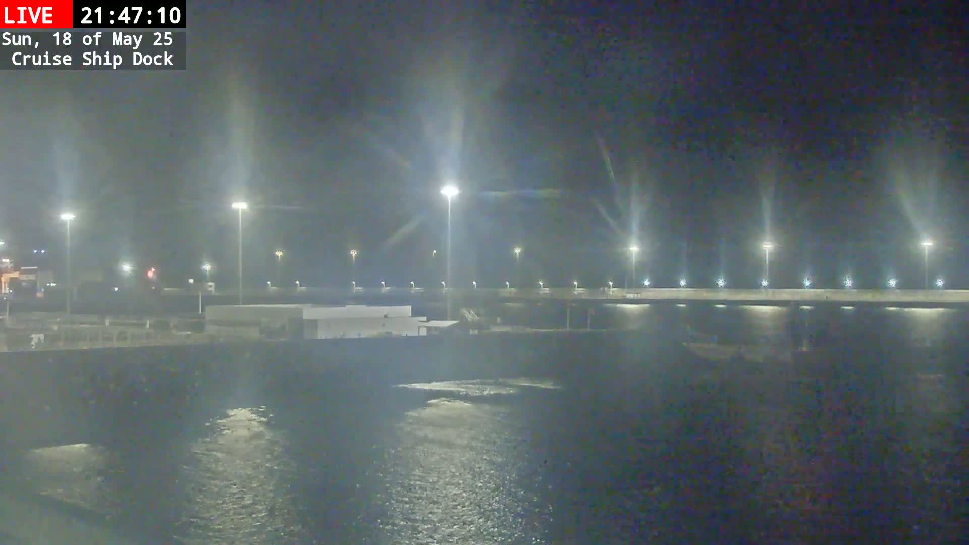 A nighttime view of a cruise ship dock illuminated by bright lights, with calm water visible in the foreground.