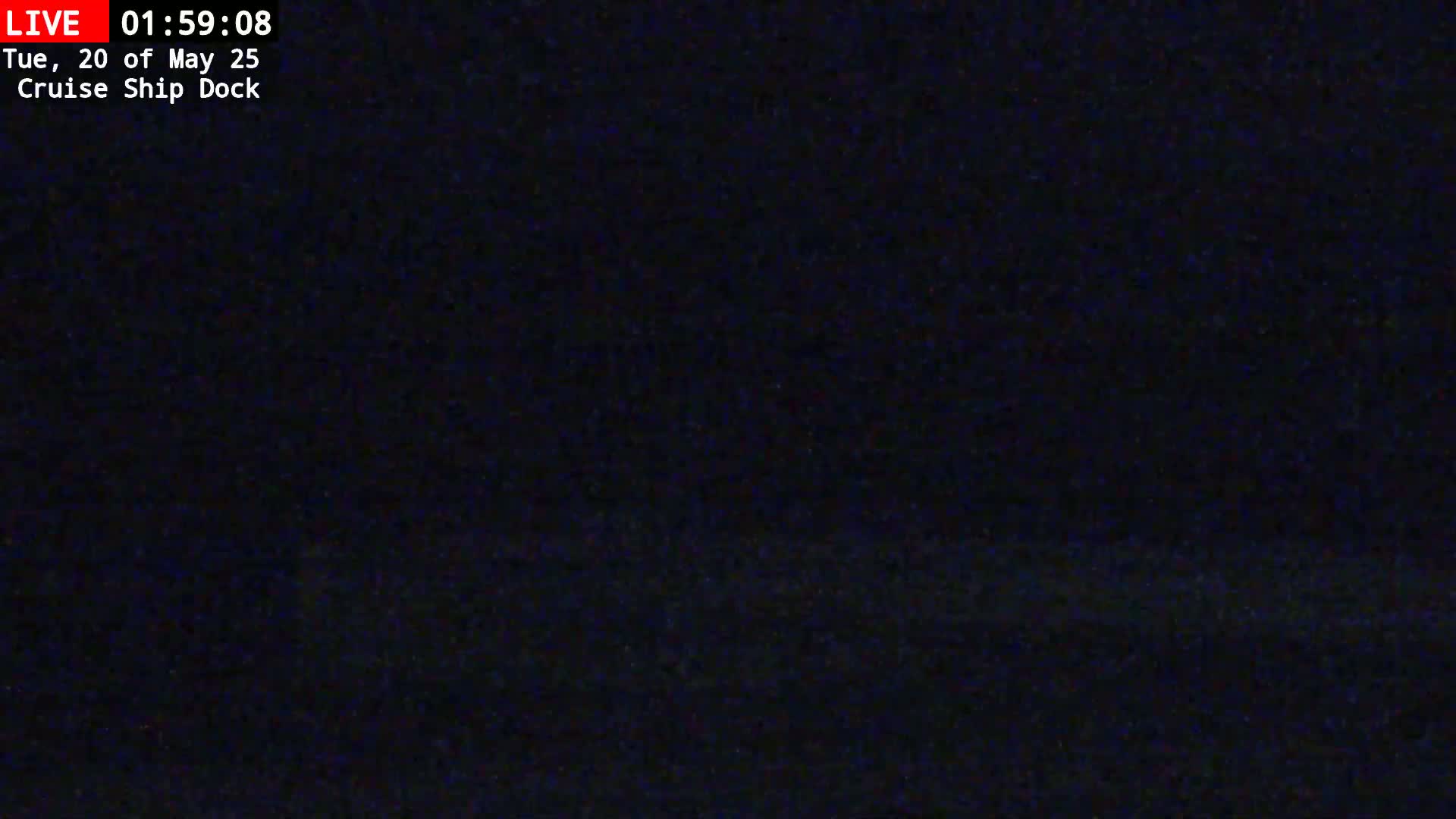 A dark, nighttime view of a cruise ship dock.