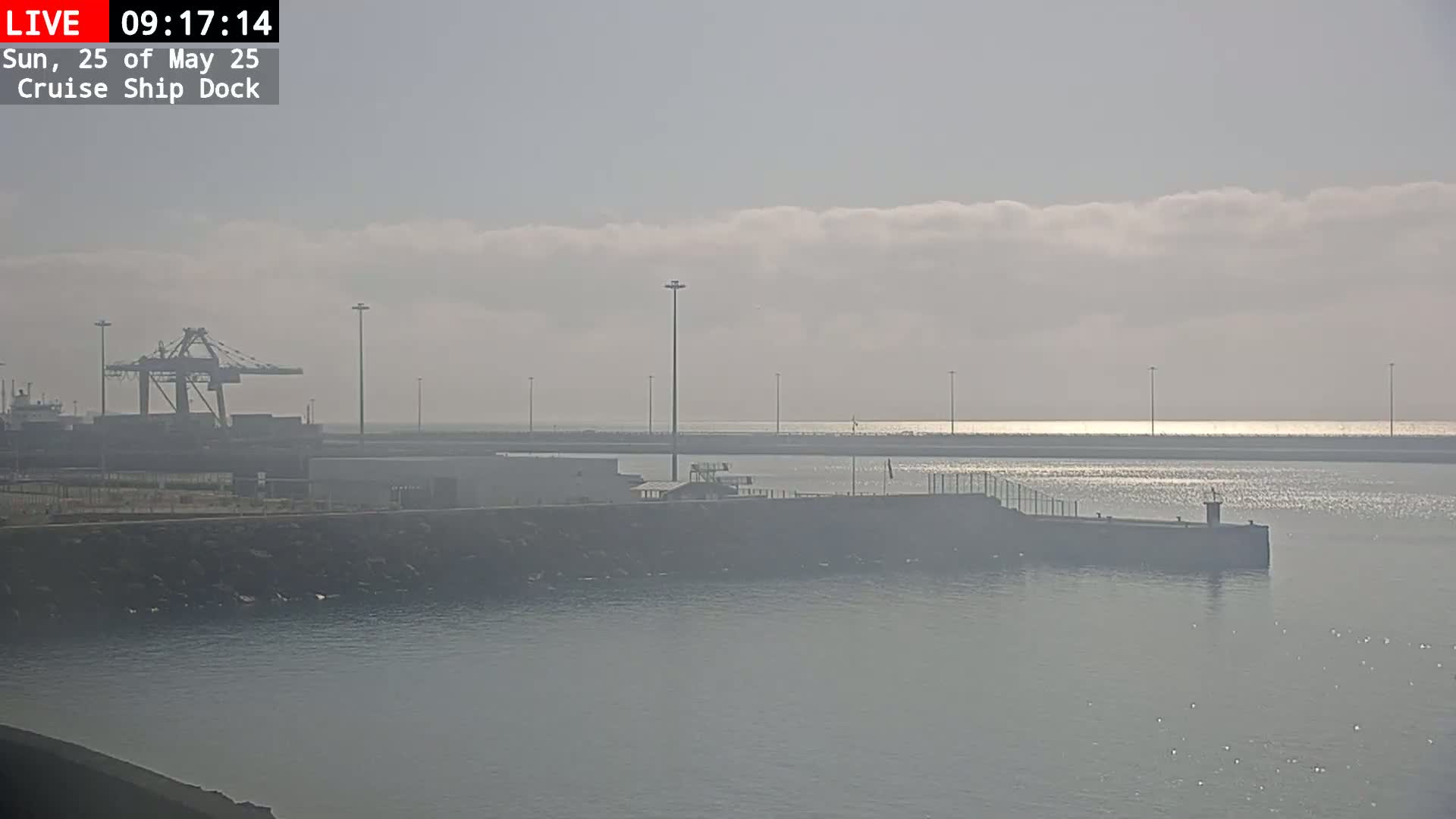 A hazy, sunny day at a cruise ship dock shows a large crane and other port infrastructure with calm water in the foreground.