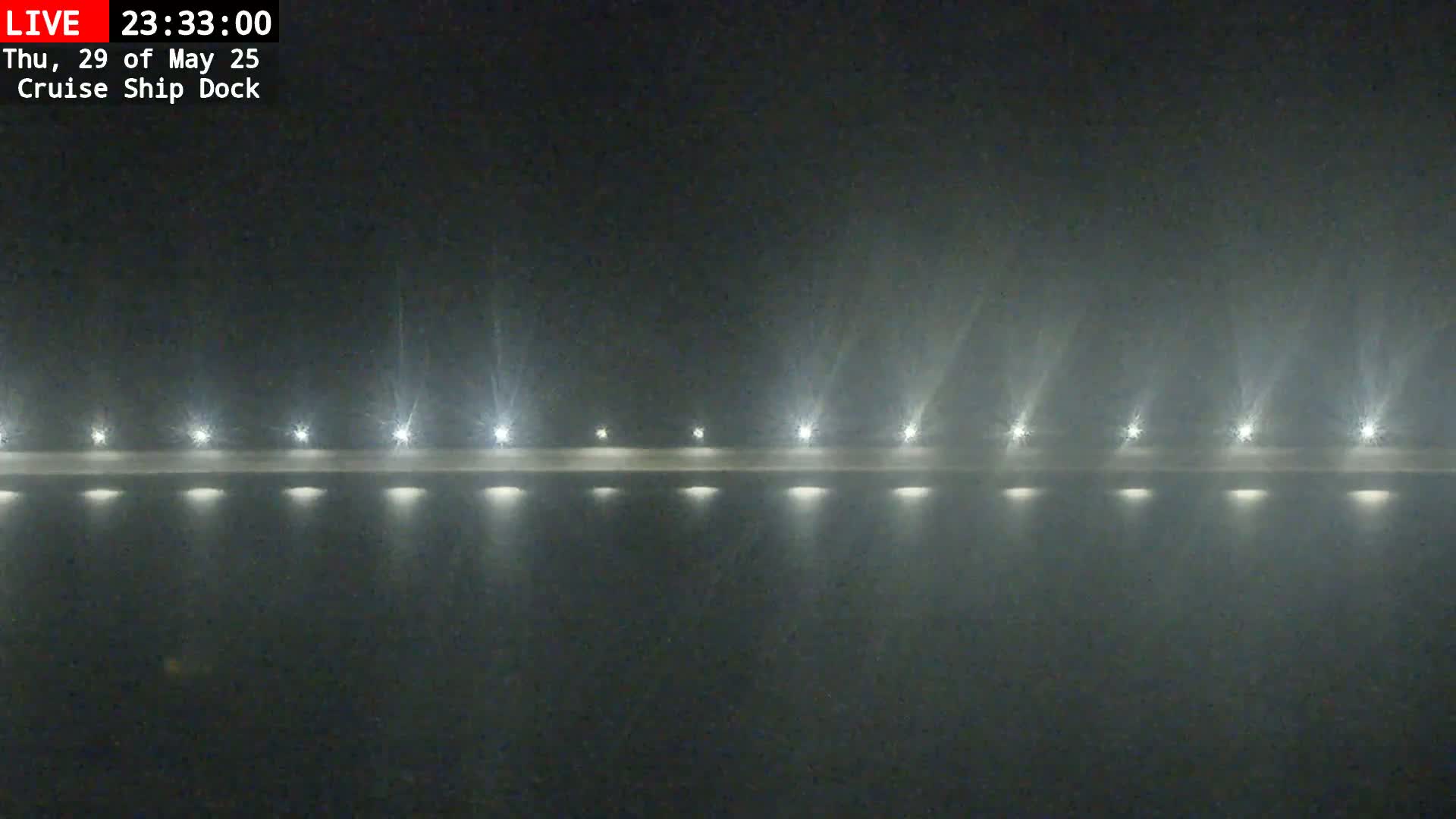 A nighttime view of a cruise ship dock shrouded in fog, illuminated by a row of lights along the dock.