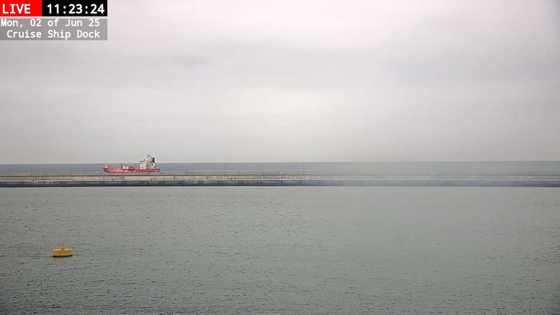 A red cargo ship is visible on the horizon behind a long, gray seawall on an overcast day.