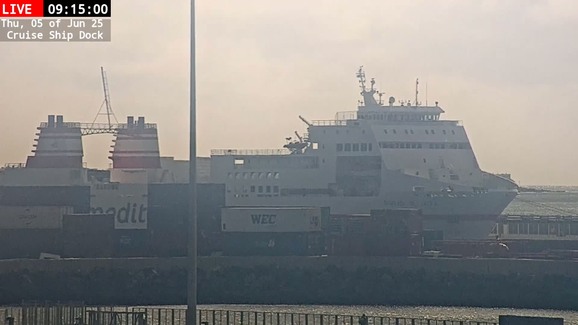 A large passenger ferry is docked at a port on a hazy day, next to a cargo ship with containers.