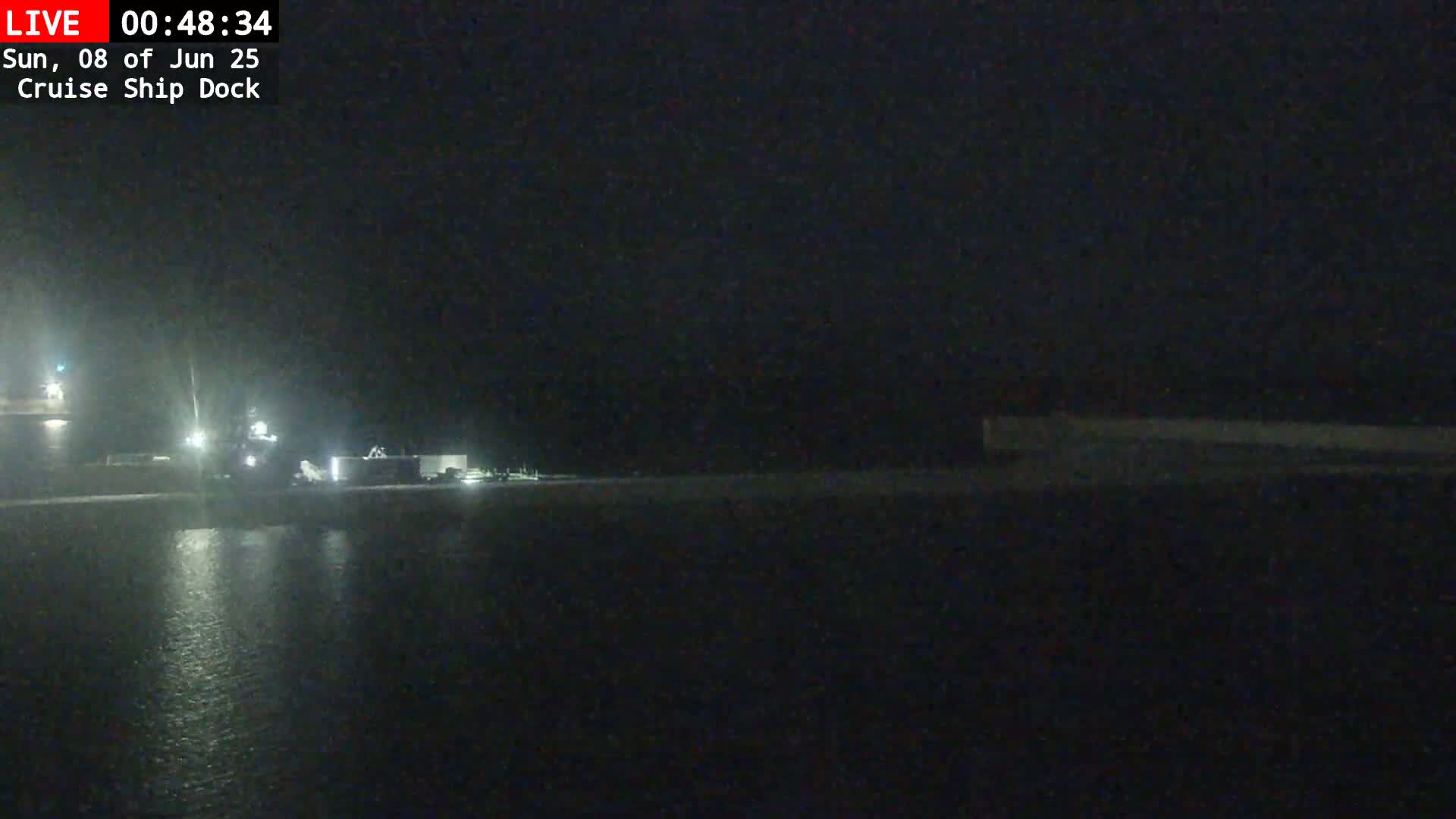 A nighttime view of a dark body of water with dimly lit structures along the shore.
