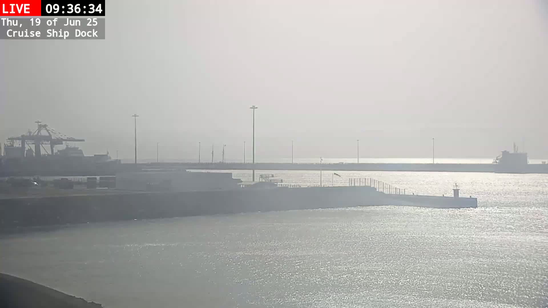 A hazy, sunny day at a cruise ship dock shows a cargo ship and other vessels in the distance.