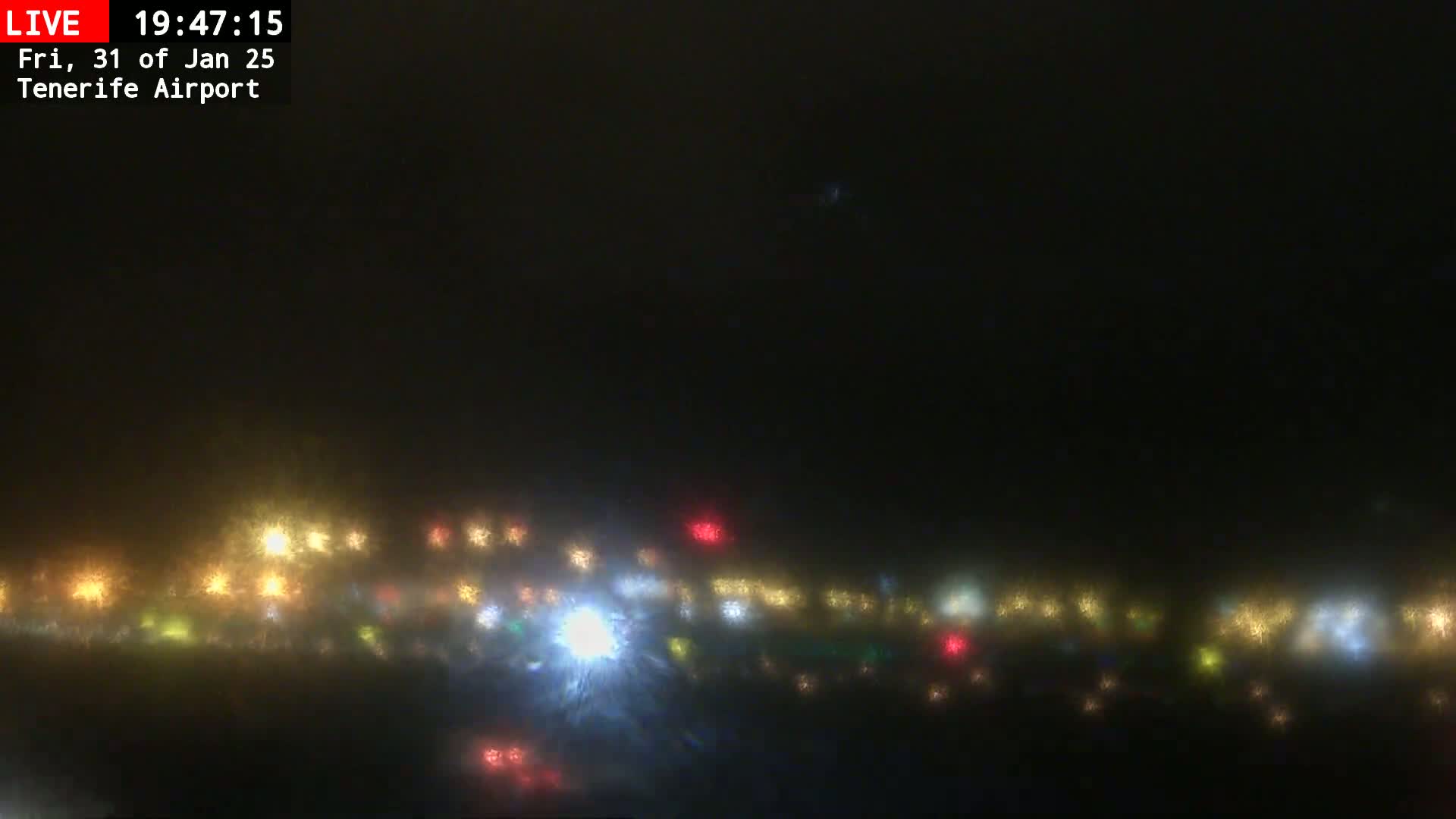 A hazy, dark night scene shows a blurred line of multicolored lights in the distance.