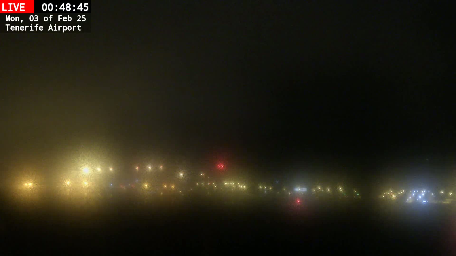 A nighttime, foggy view of a runway with numerous lights visible through the dense fog.