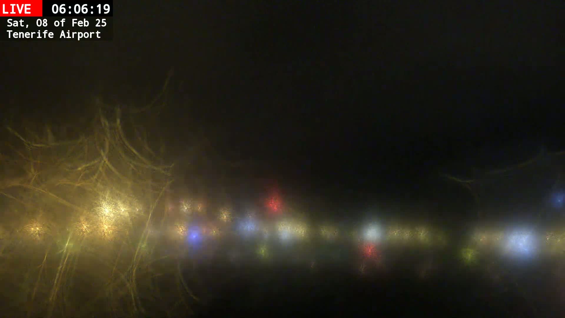 A blurry, hazy view of a line of lights at night, possibly seen through fog or mist.