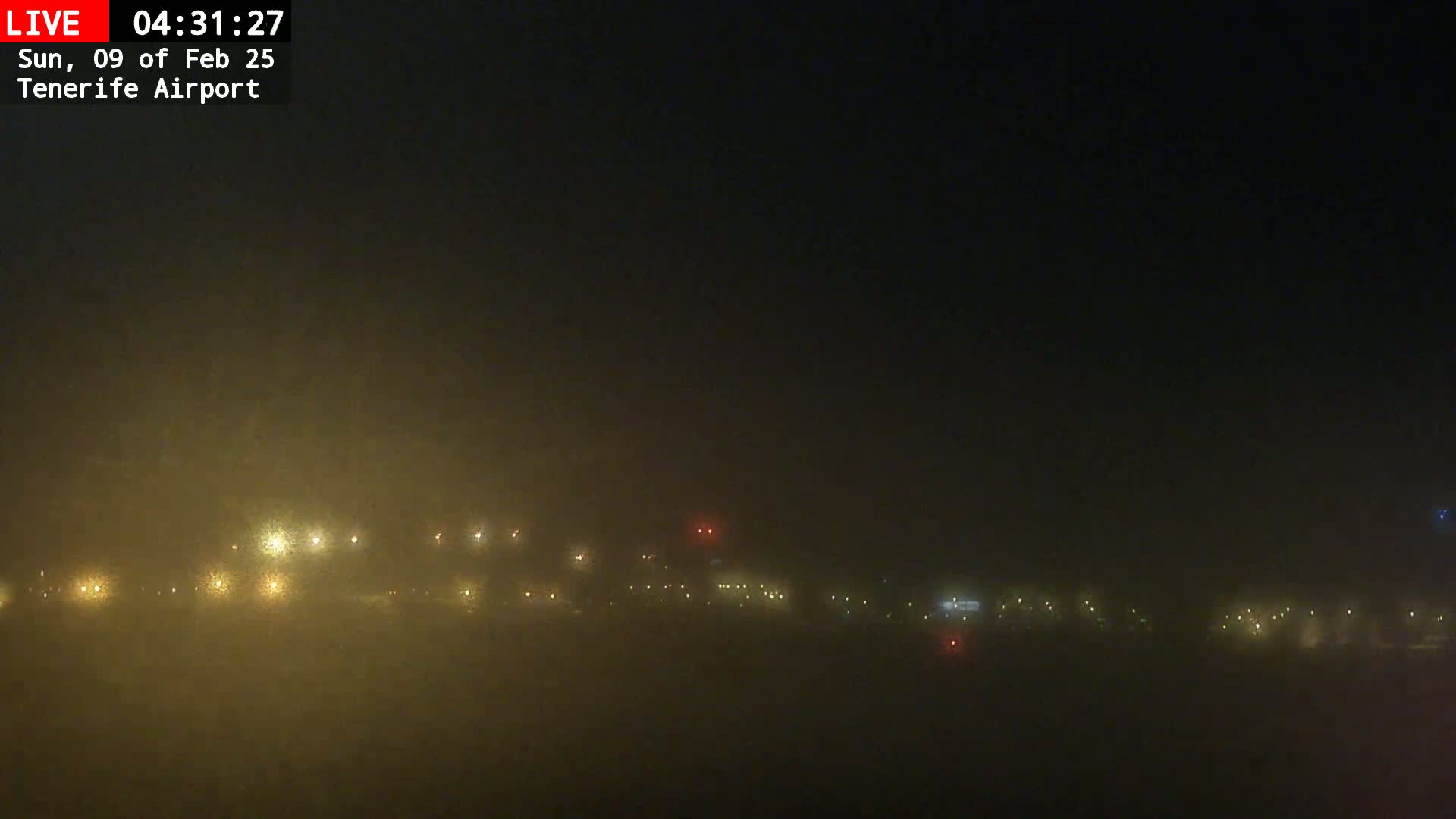 A nighttime, foggy view shows a dimly lit airport runway with various lights visible through the fog.