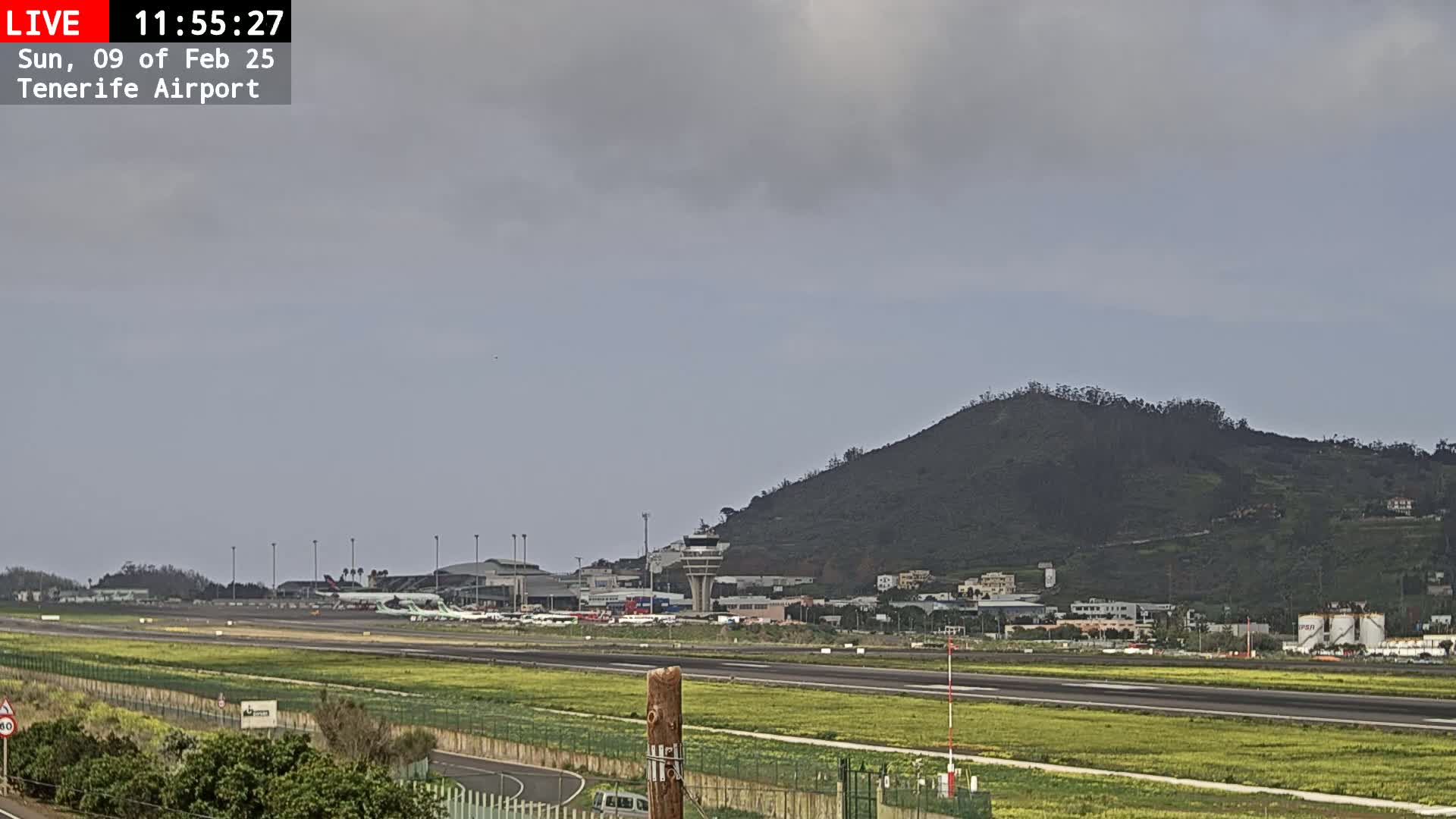 A long view of an airport runway, with several planes on the tarmac, under an overcast sky, and a large hill in the background.