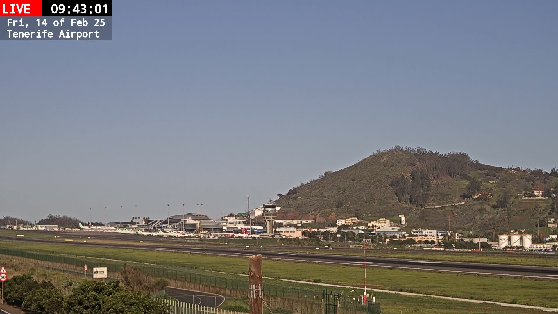 A sunny day at Tenerife Airport shows several airplanes parked on the tarmac, with a grassy field, a control tower, and a large hill in the background.